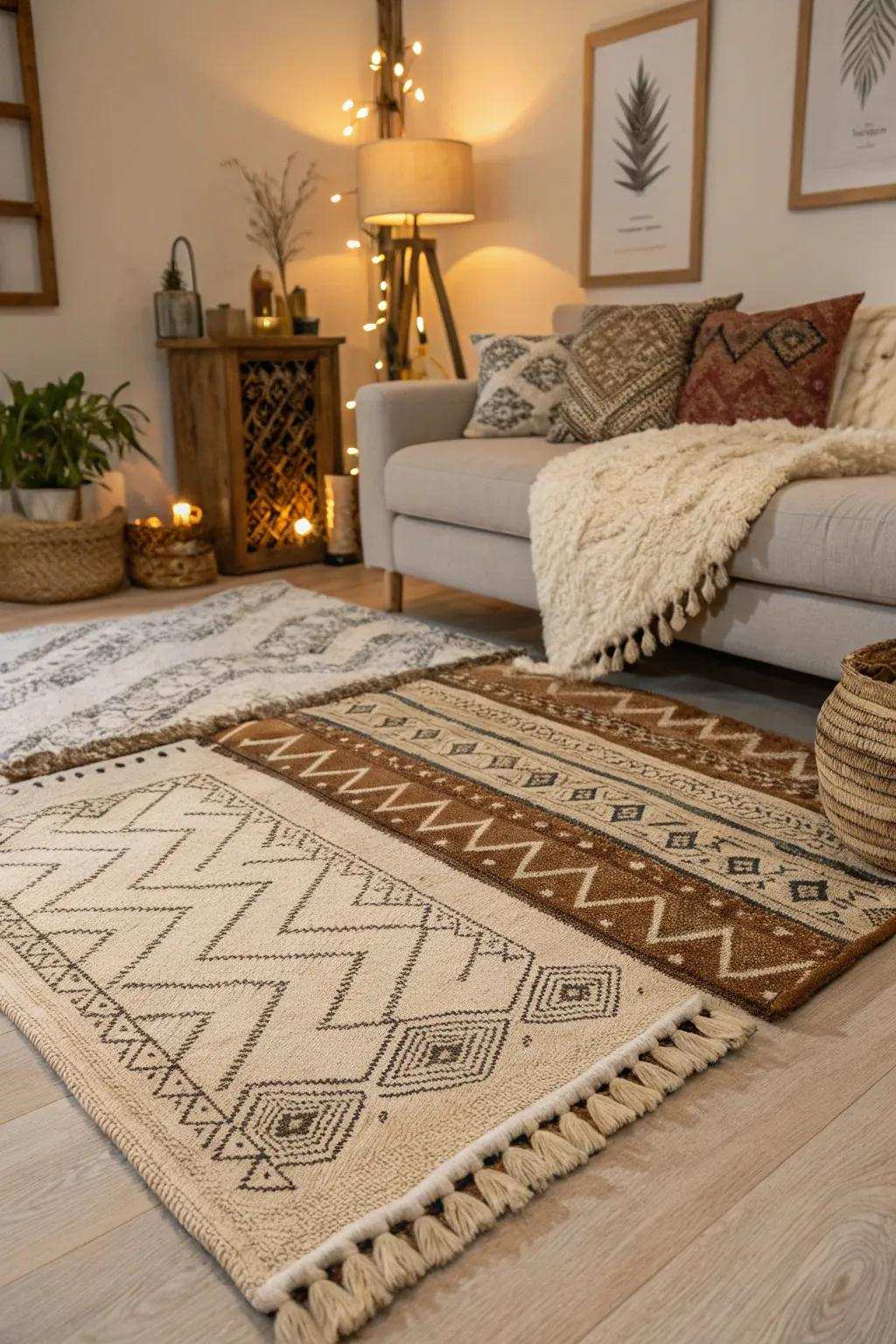 Overlapping rugs adding warmth and a tactile dimension to a living space.