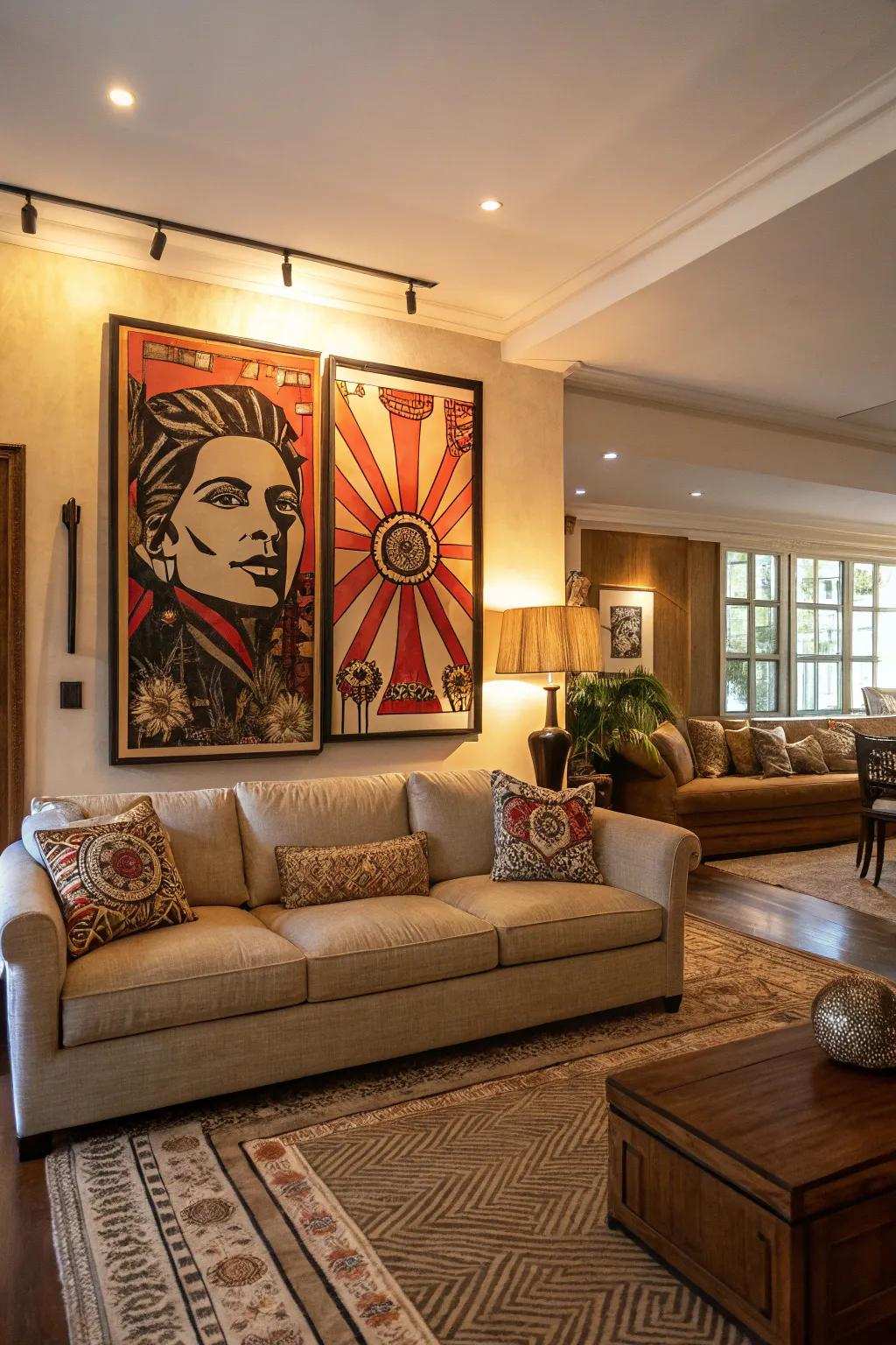 Oversized art creates a stunning focal point in the living room.