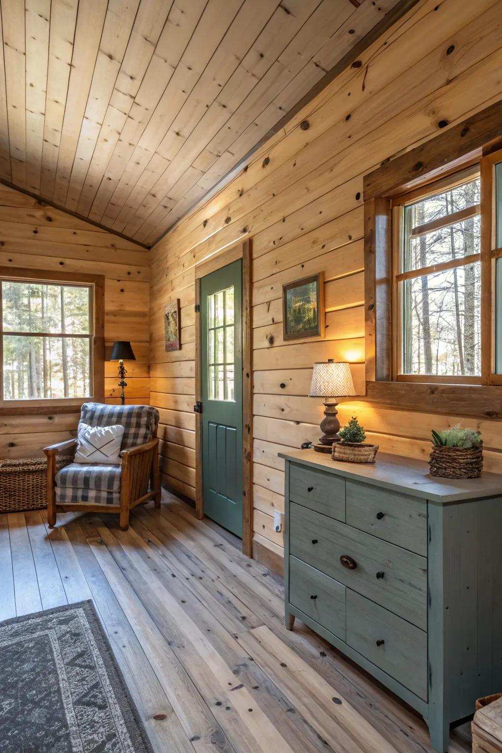 Painted segments introducing a modern twist to pine cladding walls.
