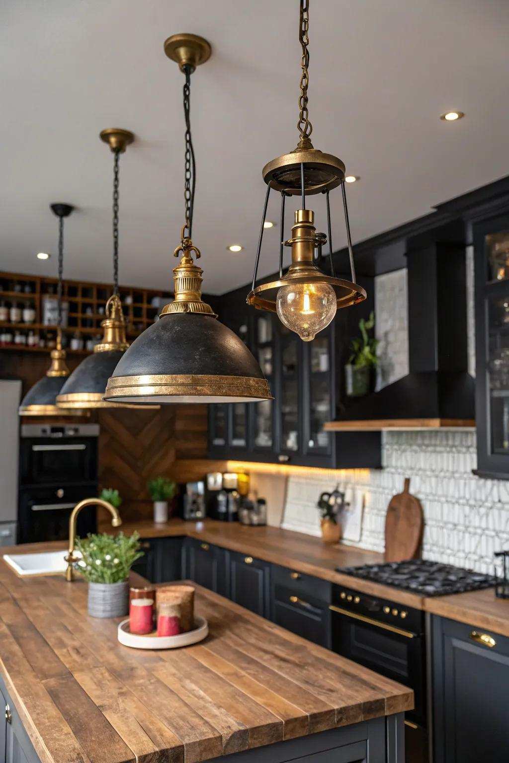 Pairing dark elements with wood and brass creates a unique appeal.