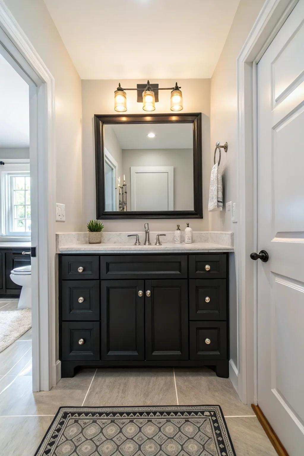Pale floors offer a perfect contrast to the boldness of a dark-toned vanity.