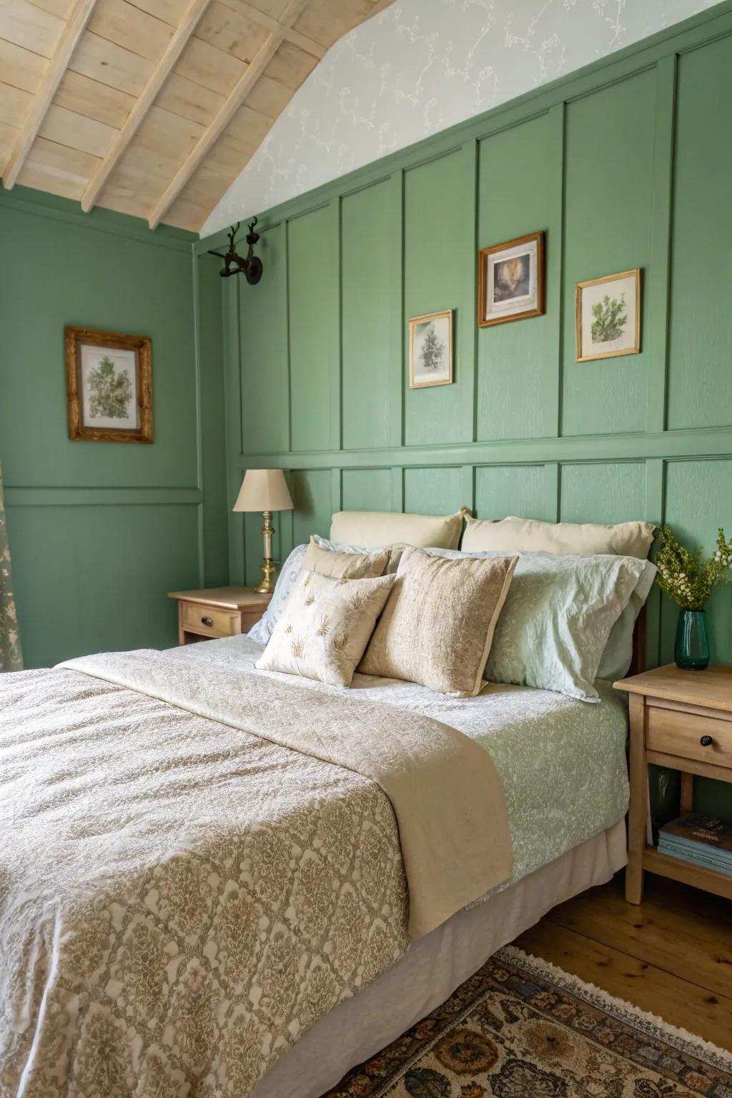 Pale, neutral linens beautifully complement green walls.