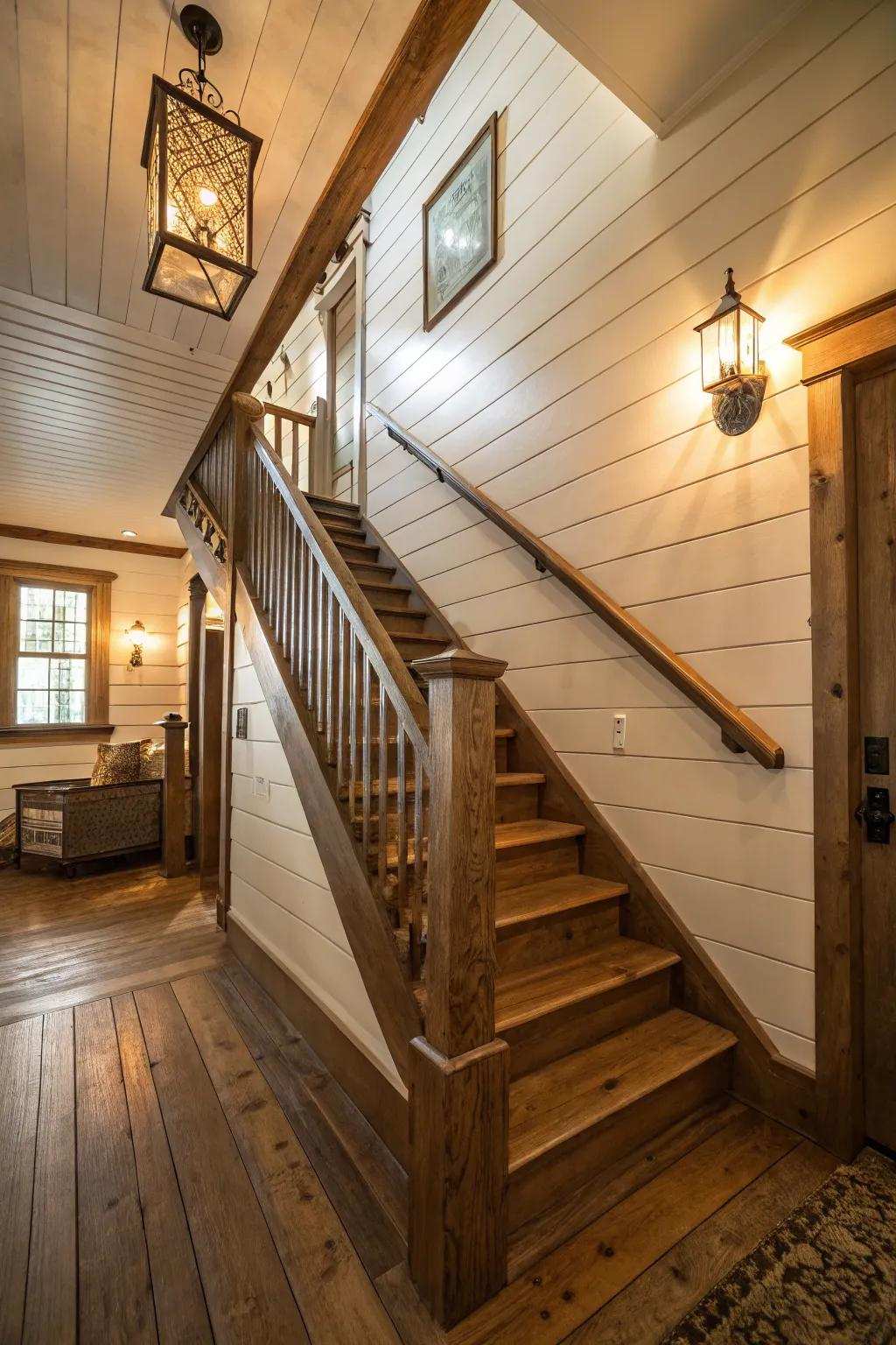 Paneling walls intensify the countryside allure of your staircase.