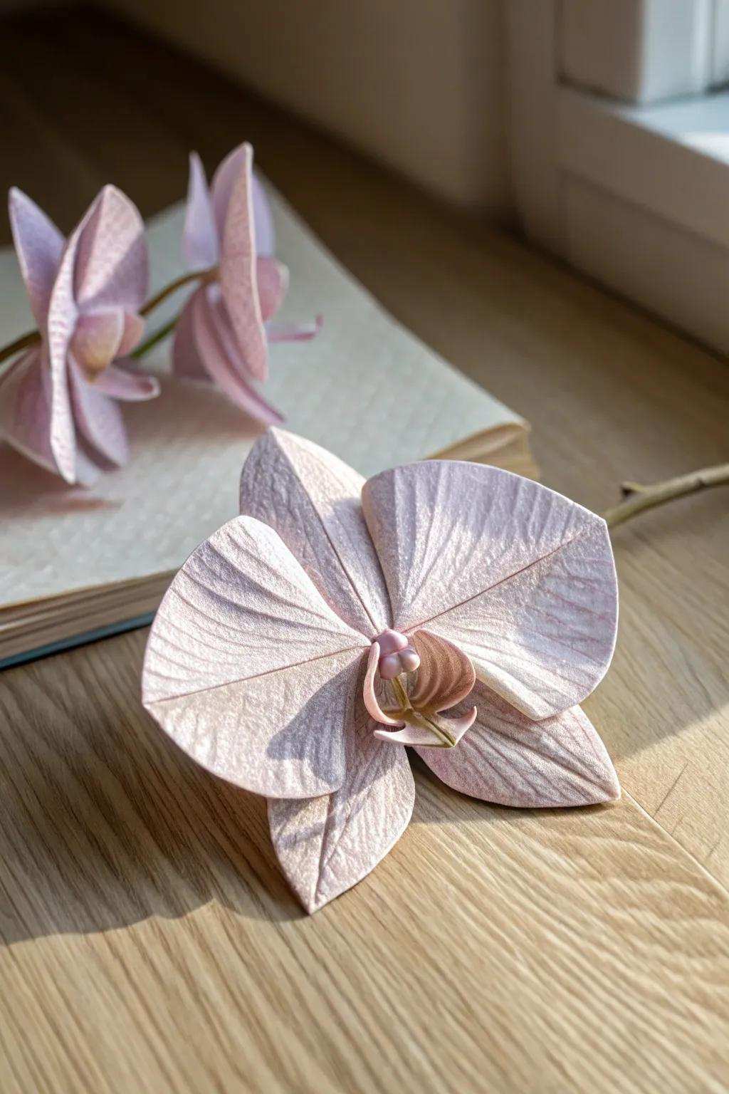 Paper Elegance: A handcrafted paper orchid that embodies the essence of minimalist beauty.