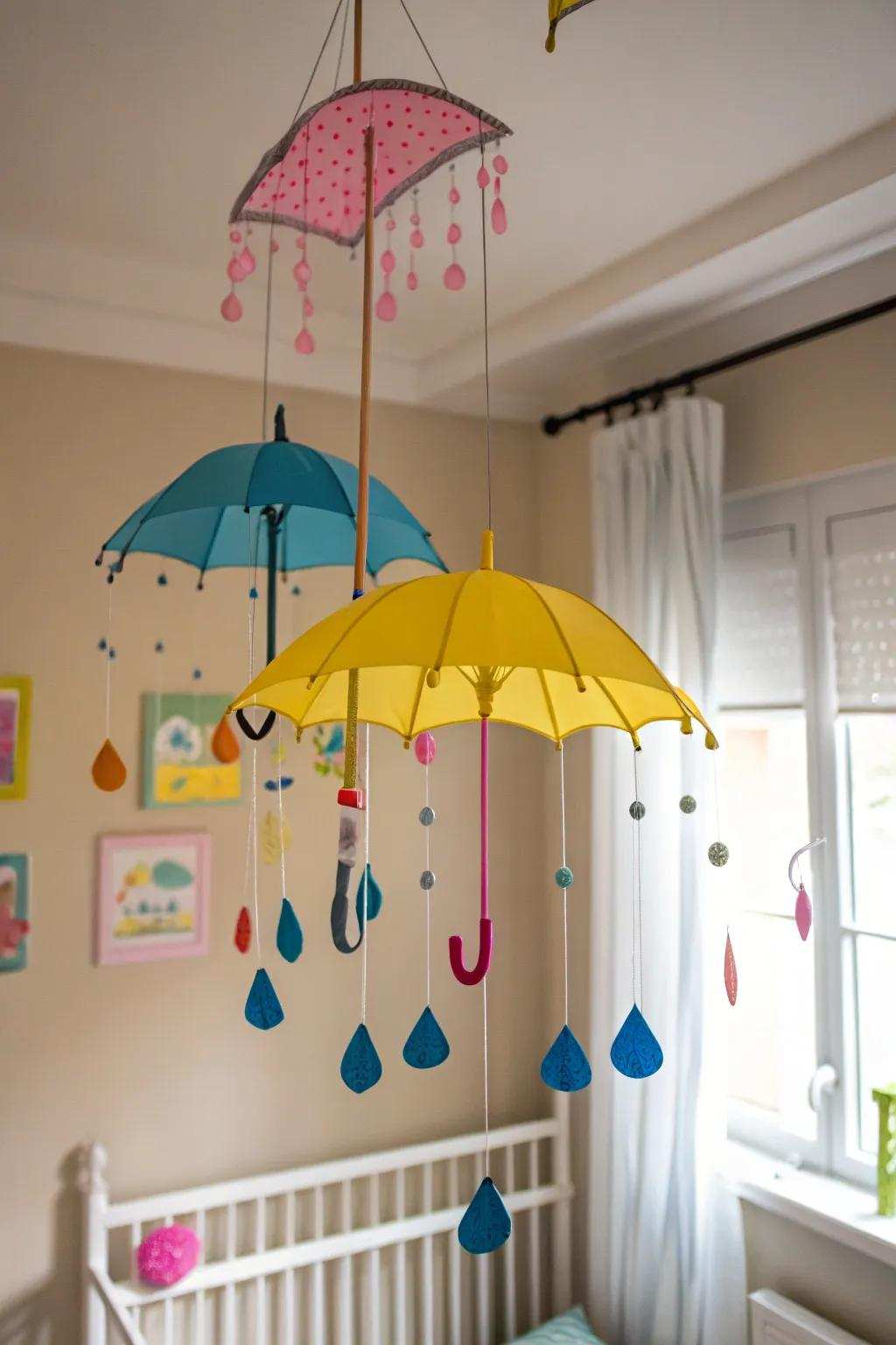 Parasol and drizzle mobile for playful adornment.