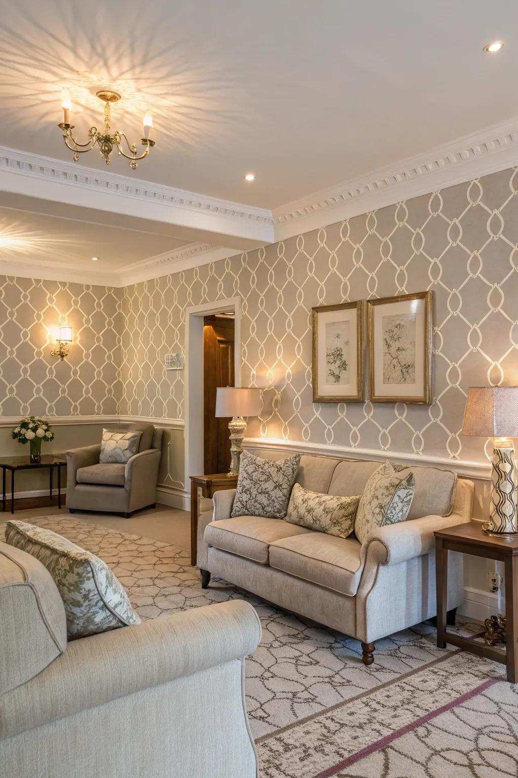 Partial wallpapering adds richness and intimacy to the living room.