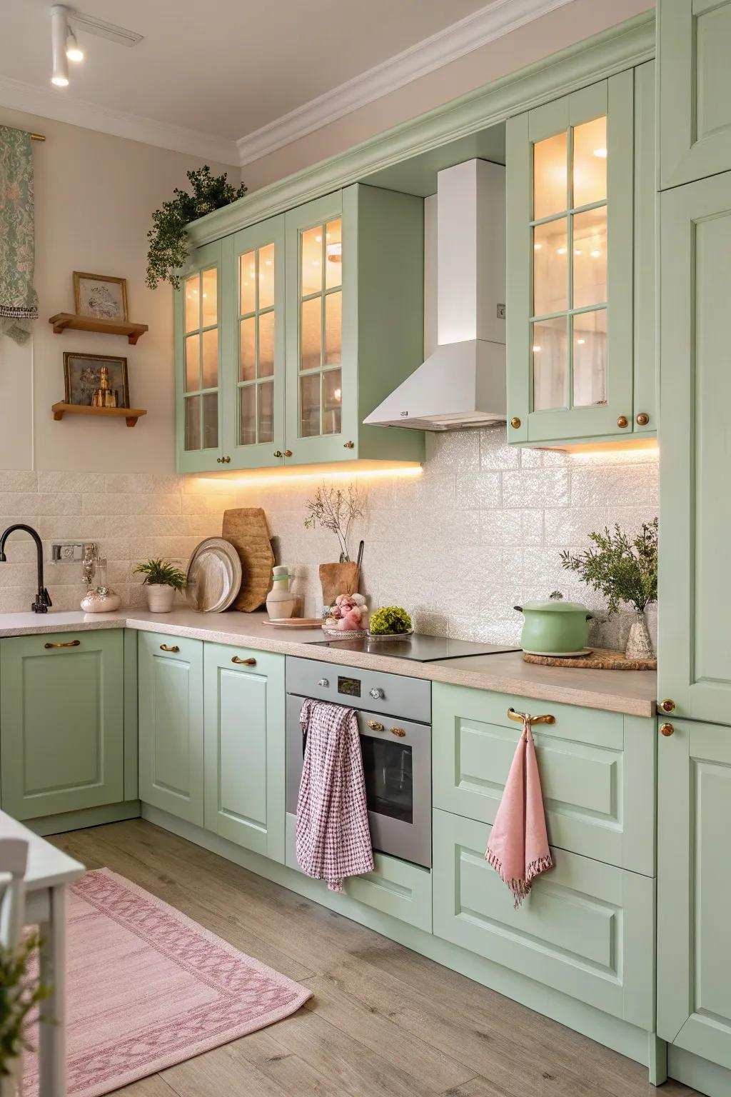 Pastel green cabinets offer a gentle, unanticipated delight in the kitchen.