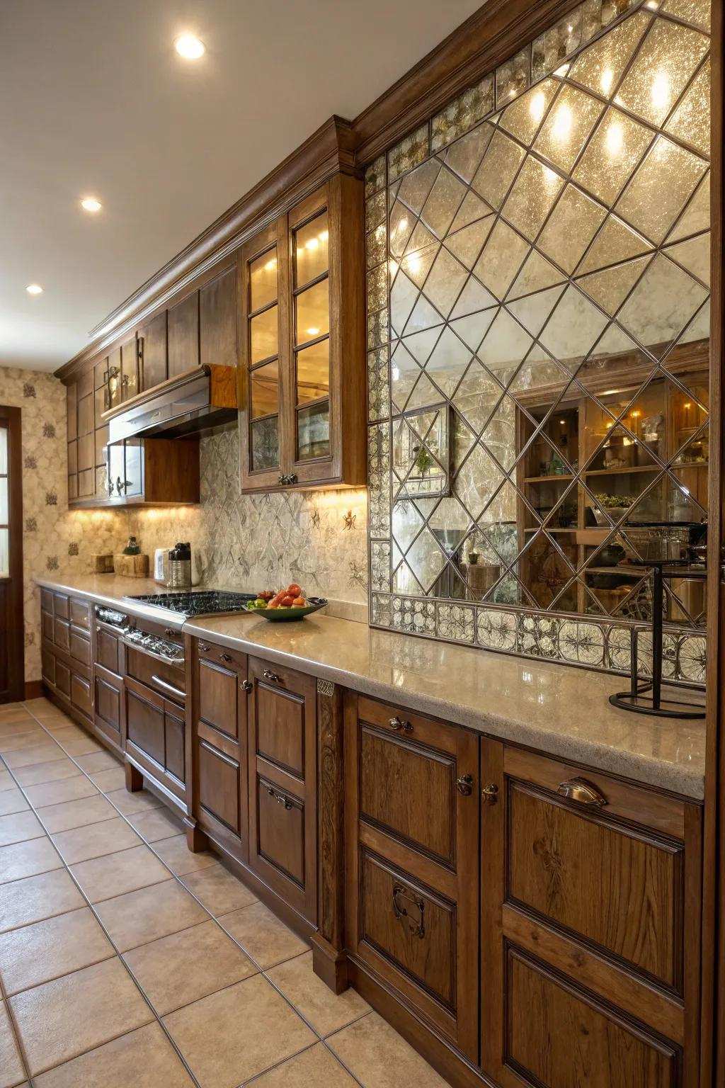 Patina reflector tiles infuse vintage glamour into this kitchen.