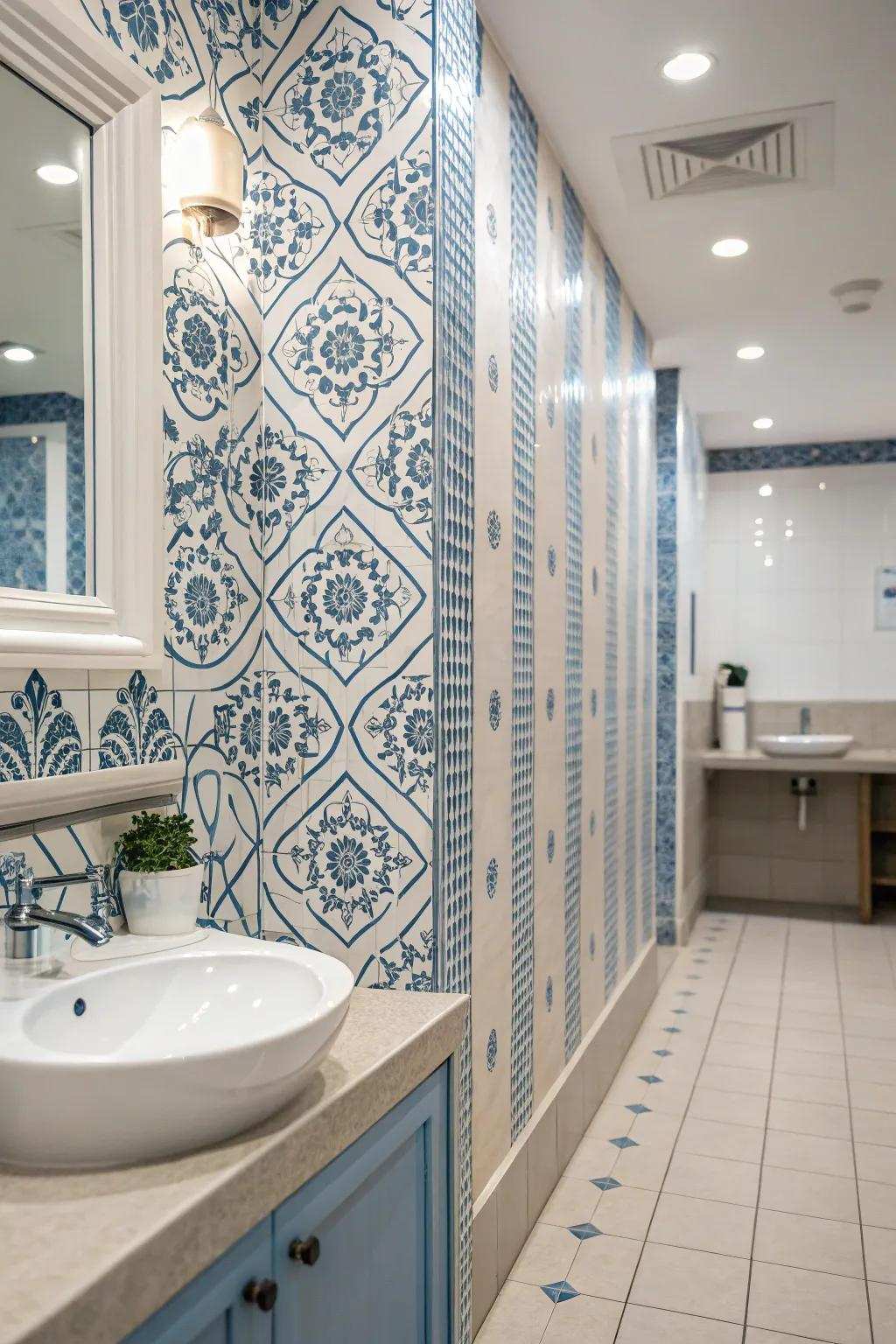 Patterned blue wall covering lends texture and individuality to this sophisticated bathroom.