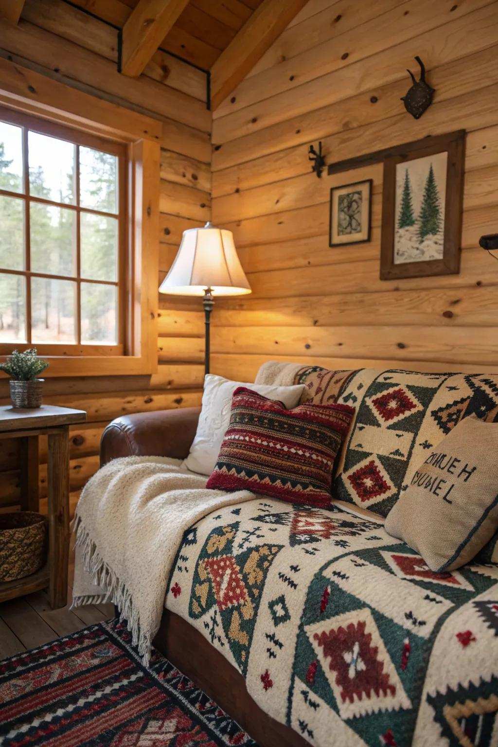 Patterned fabrics and scatter pillows bringing dimension to the cabin.