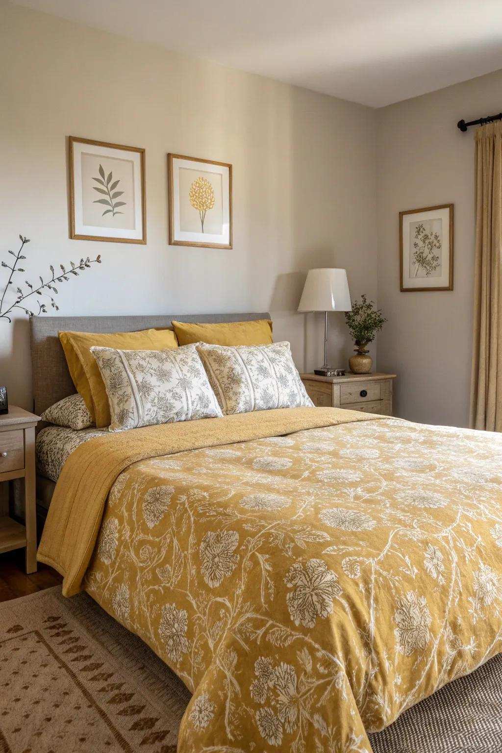 Patterned goldenrod bedding creating a bold statement in a neutral bedroom.