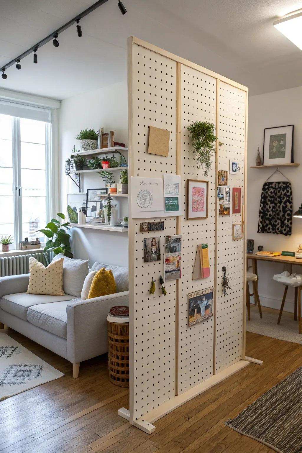 Pegboards provide a creative and helpful room separation.