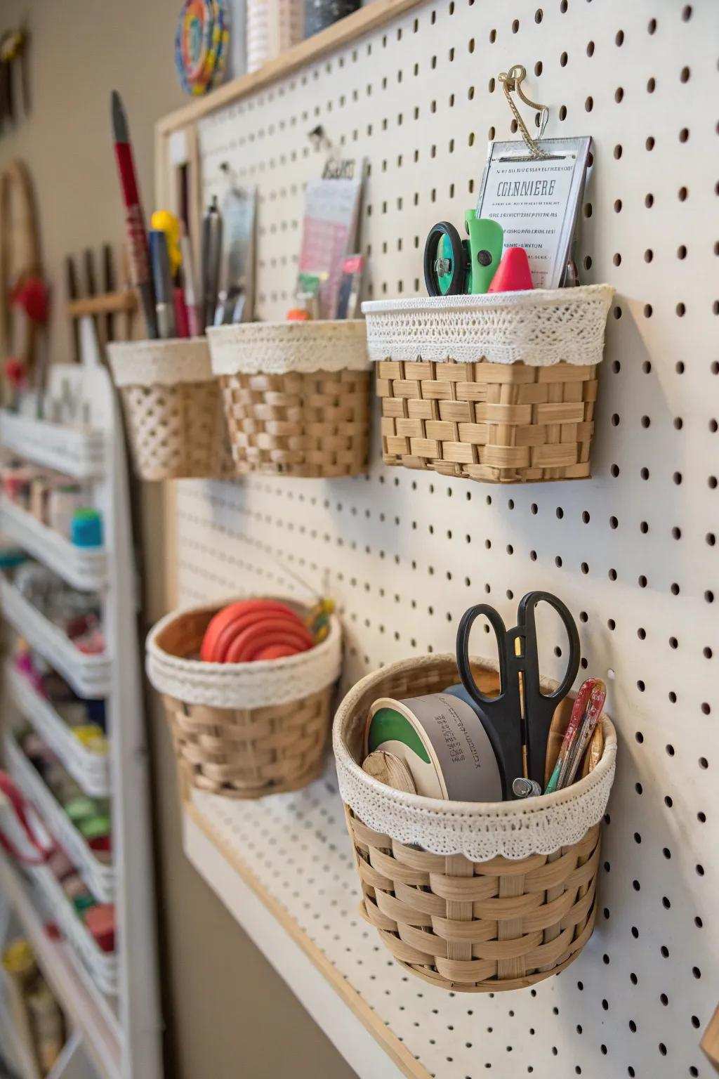 Pegboards provide versatile hanging storage.