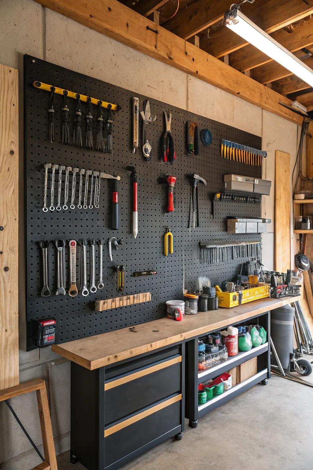 Perforated boards merge functionality and flair in garage environments.