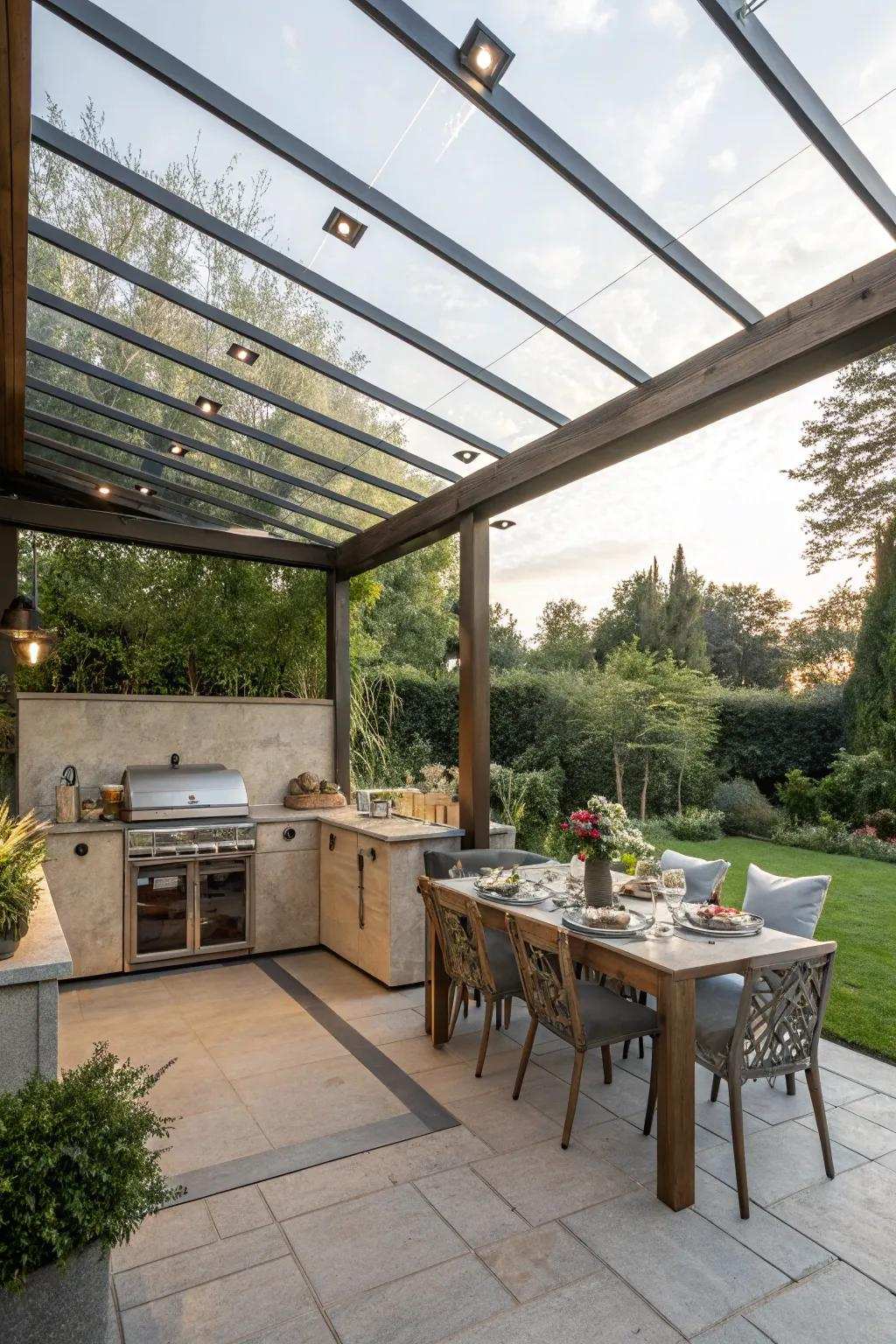 Pergola with a glass top presenting open views.