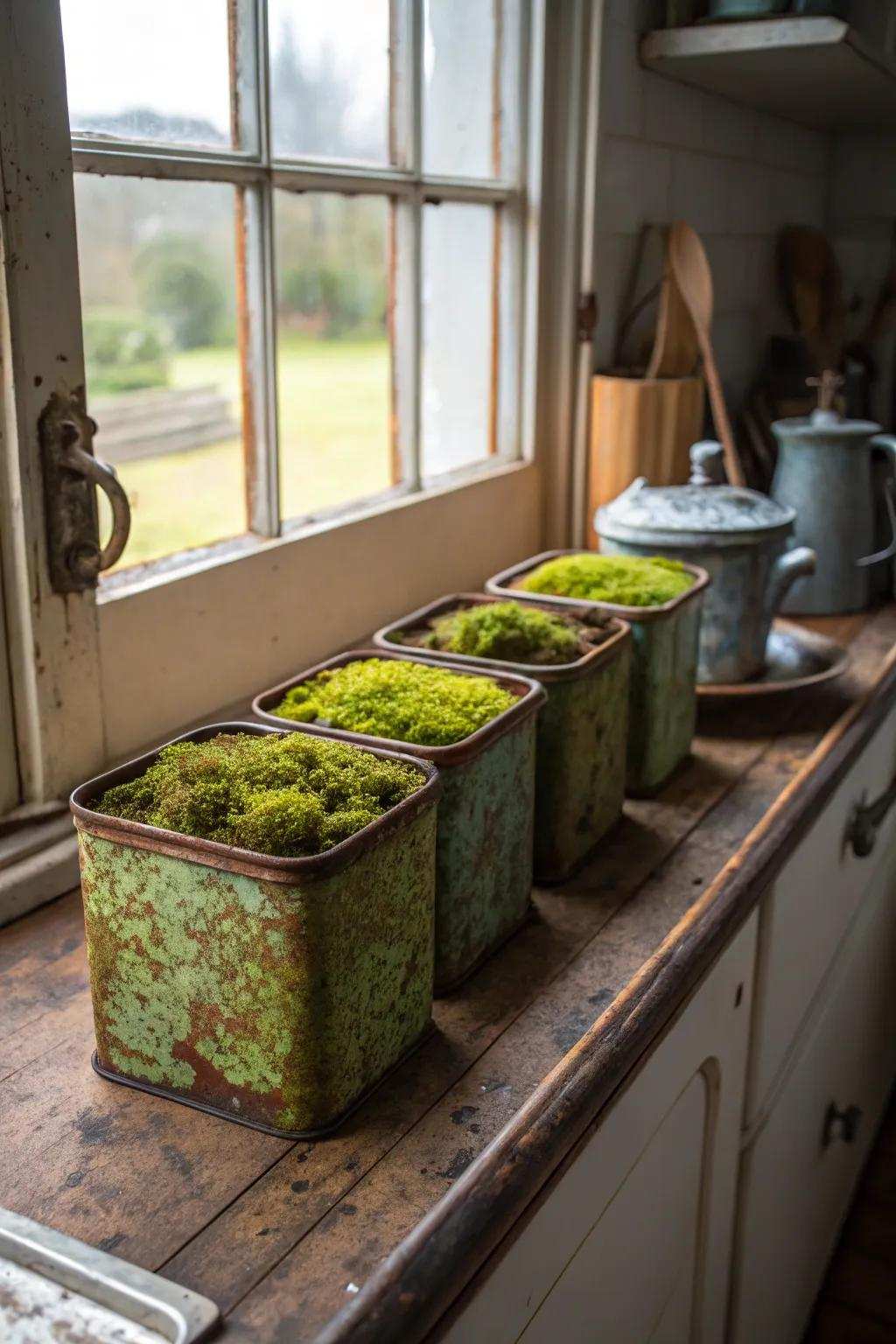 Period metal boxes transformed into delightful moss planters.