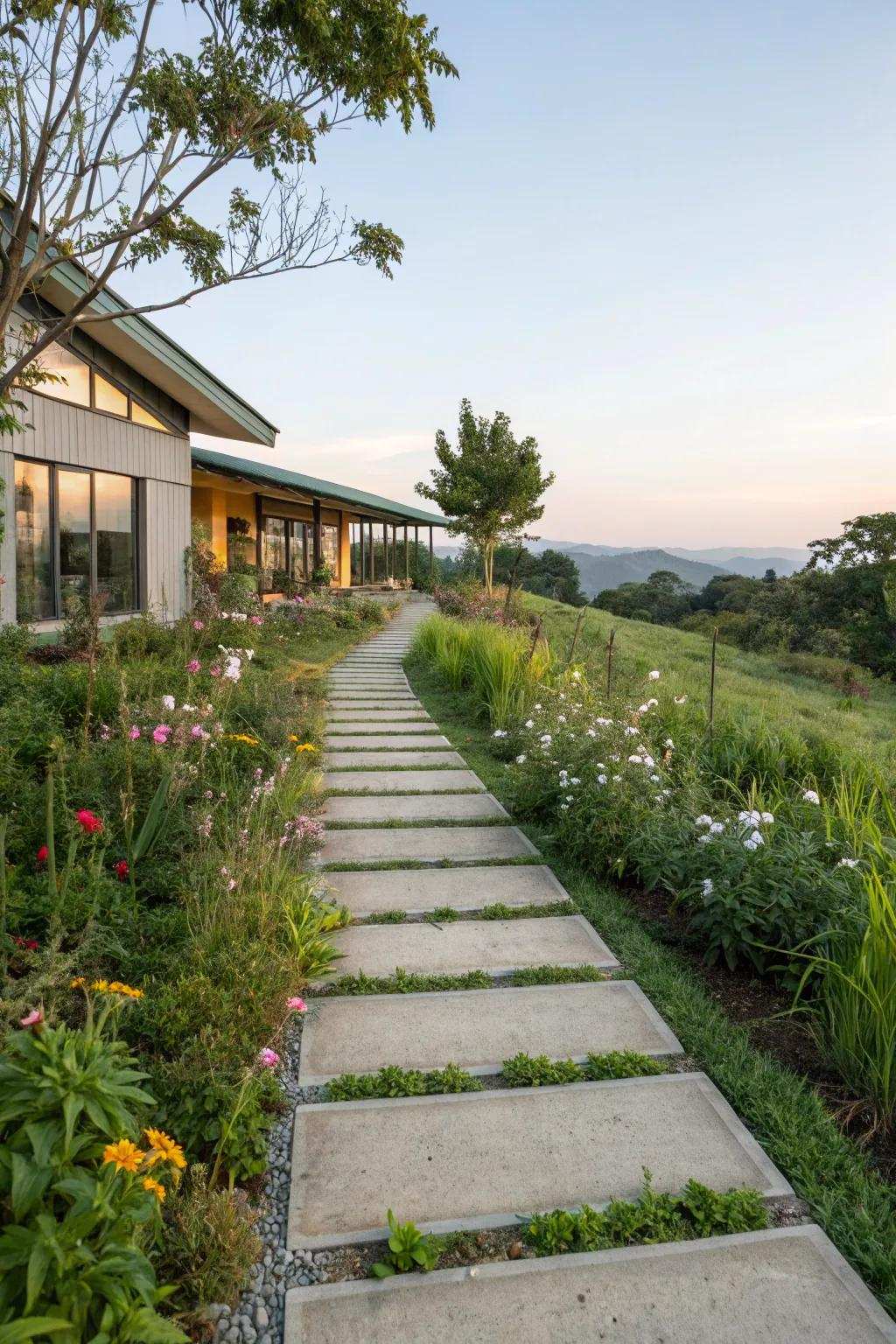 Permeable concrete walkways are environmentally conscious and functional.