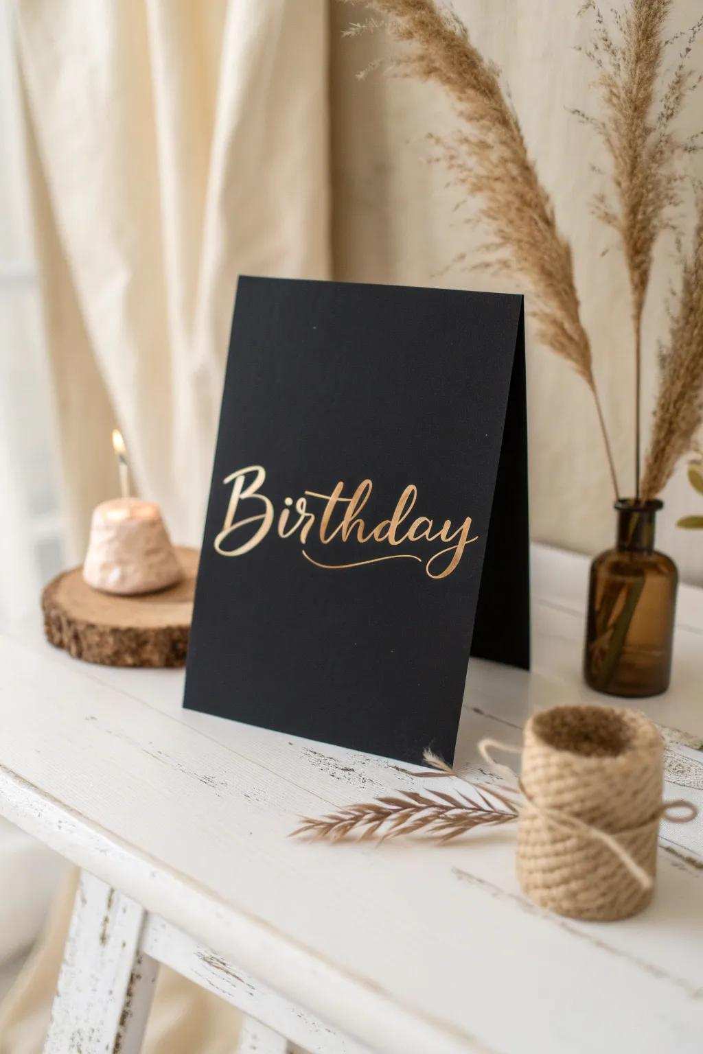 Personalize your birthday wishes with elegant gold calligraphy on black.