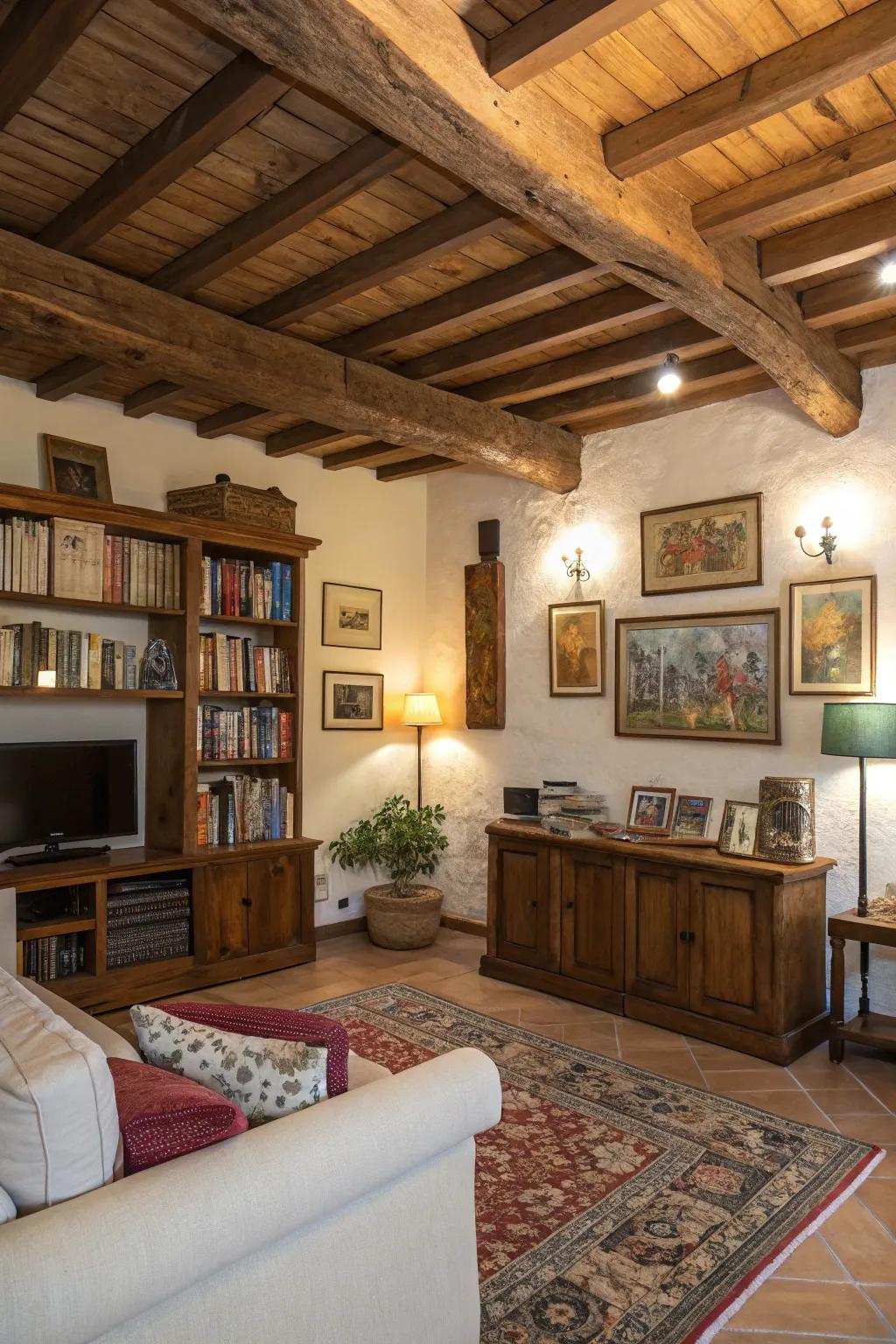 Personalized family room featuring art and shelving under timber supports.