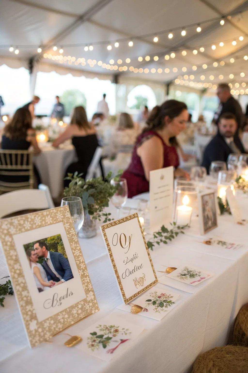Personalized table titles with stories add a sentimental touch.