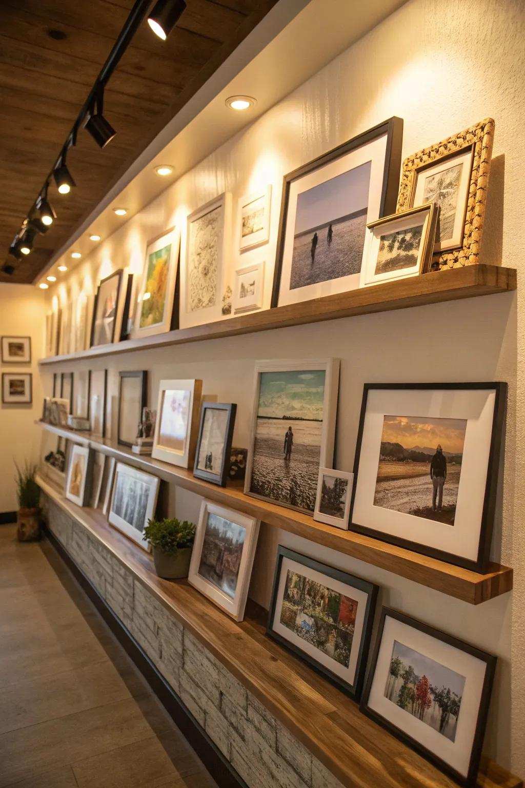 Picture wall with easily changeable shelf display.