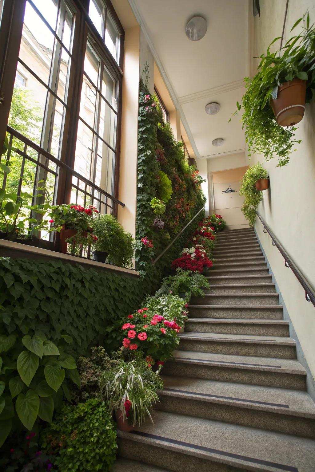 Plants enrich the stairway with a hint of nature.