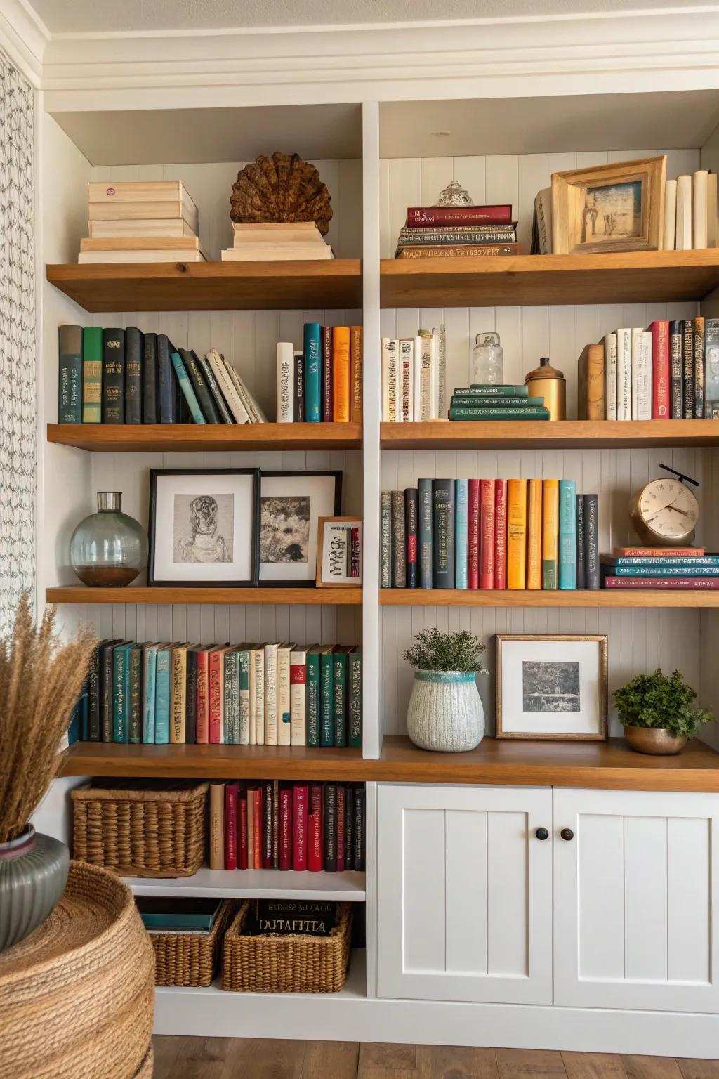 Play with balance and imbalance for an engaging bookshelf presentation.