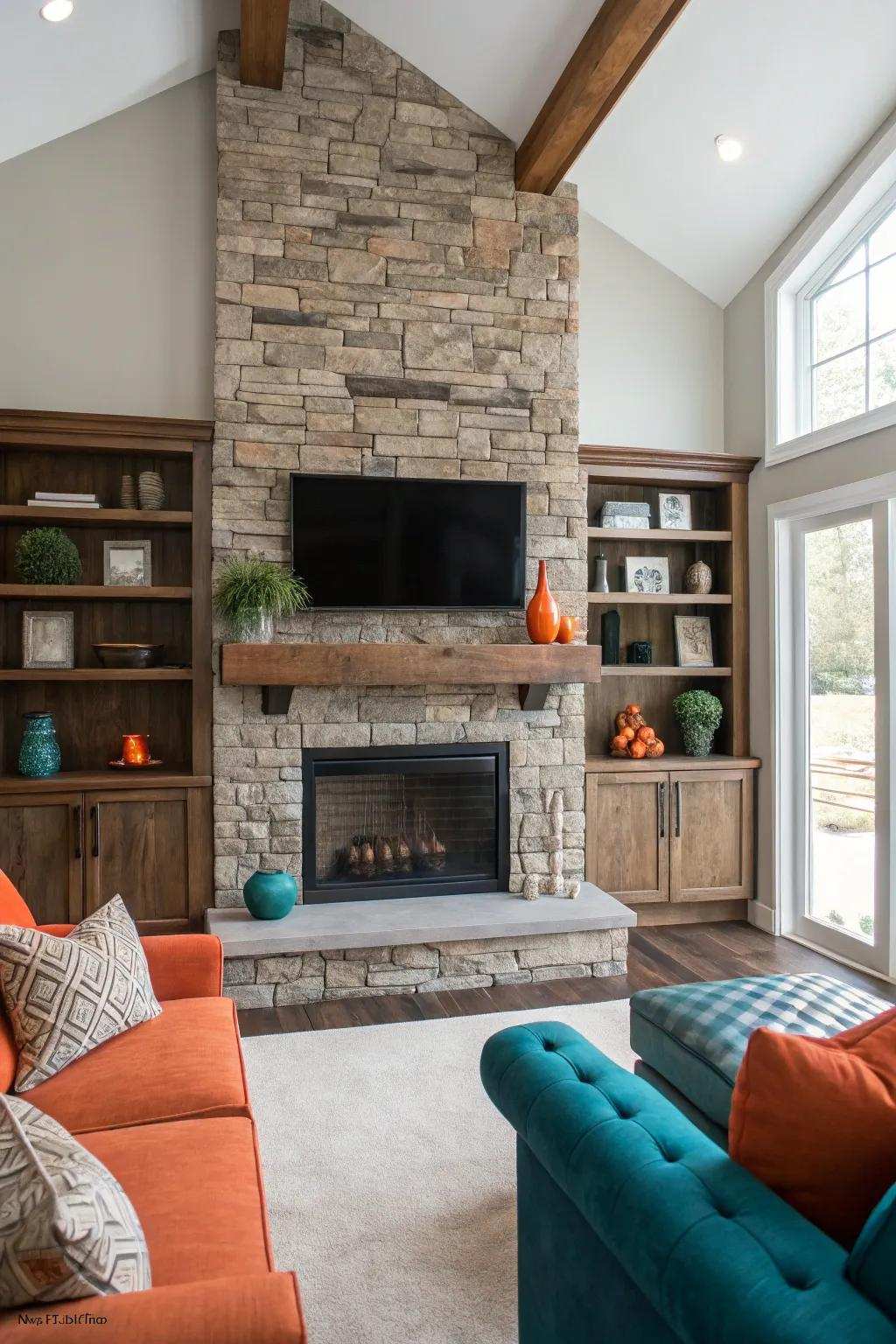 Play with textures to inject depth and personality into your stone fireplace and display arrangement.