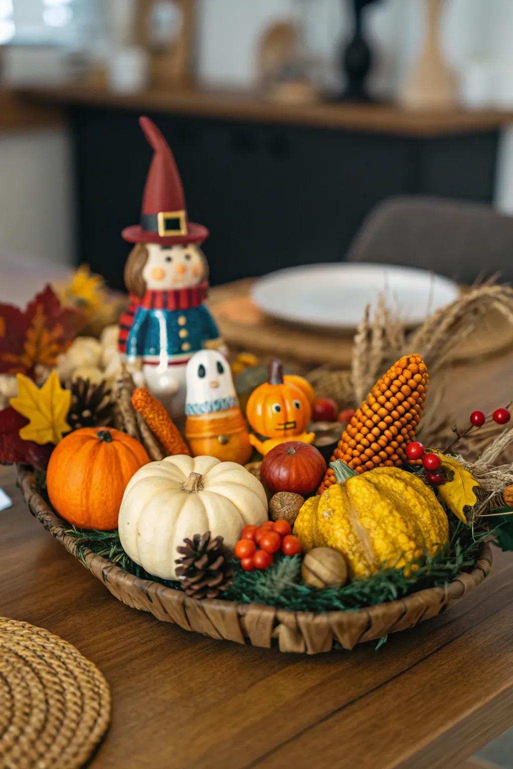 Playful items add an unexpected twist to your centerpiece.