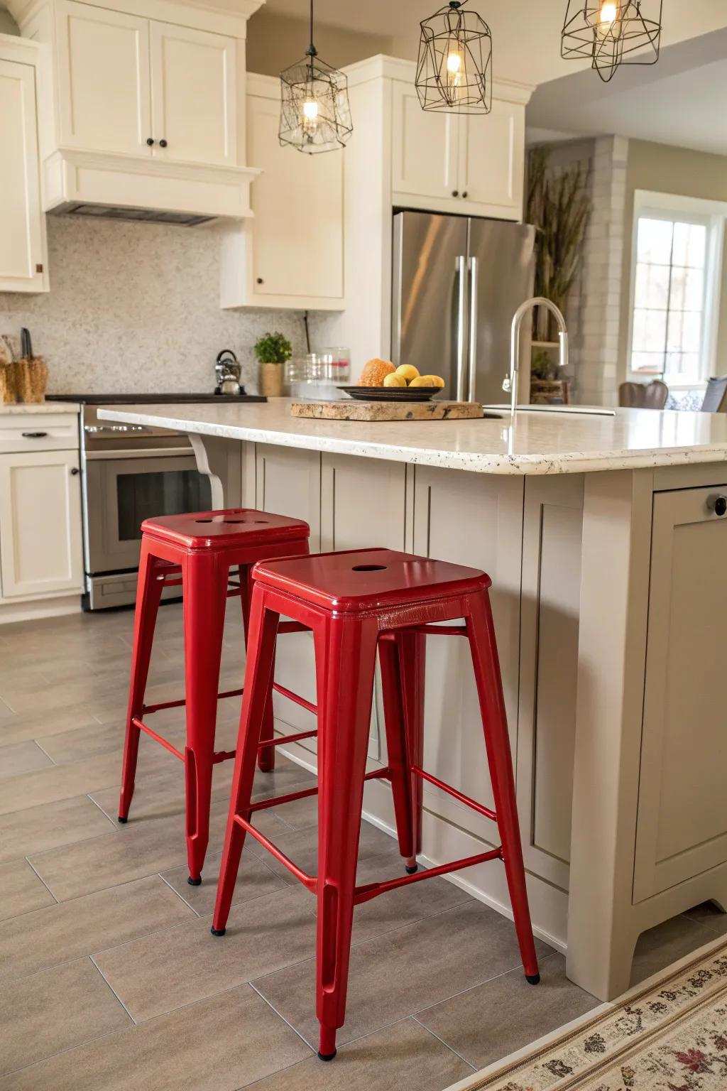 Playful red bar stools add color to a grey kitchen.