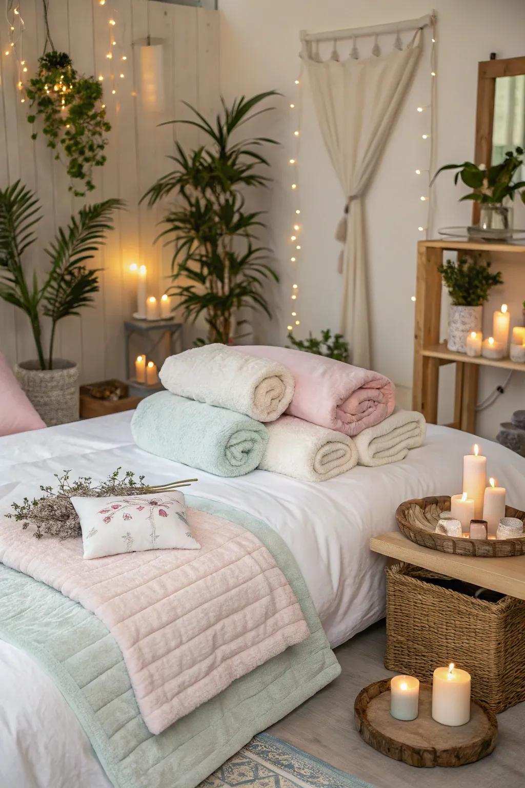 Plump cushions and delicate throws cultivate a dreamy spa slumber party ambiance.