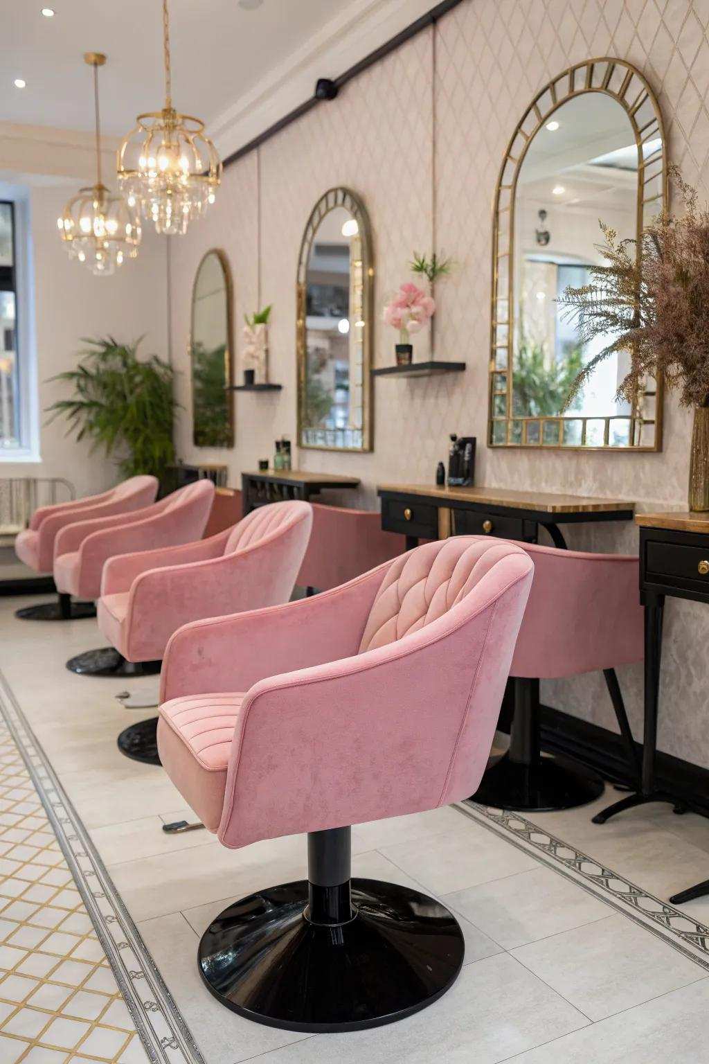 Plush rose seating contrasted with ebony accents enhances the lavishness of any salon.