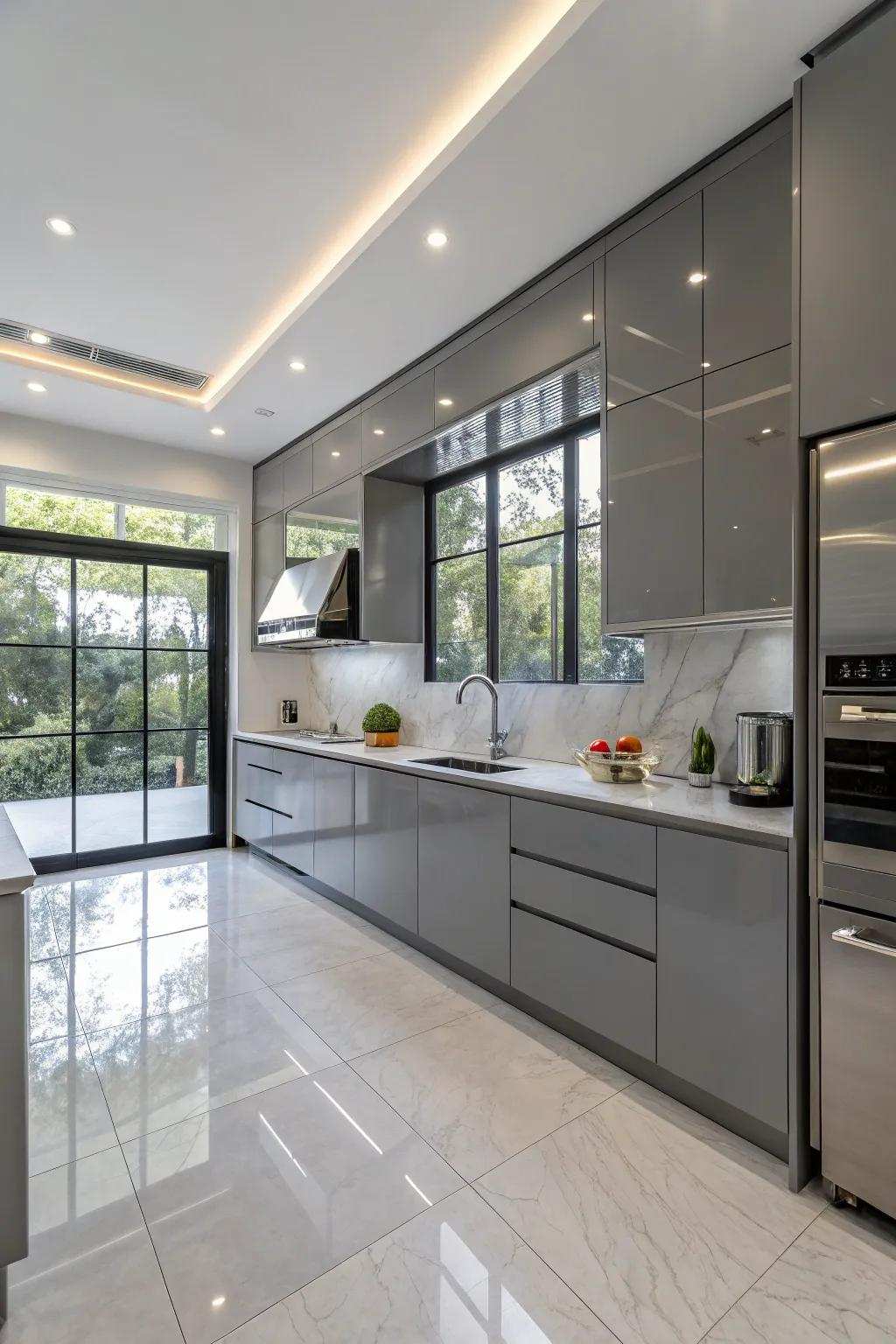 Polished gray cabinets contribute a sleek, modern touch.