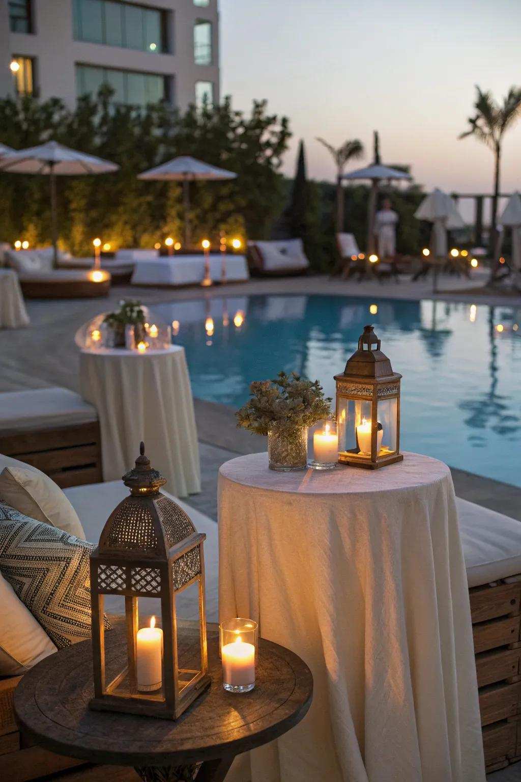 Poolside enhancements like tables and lights for ambiance.