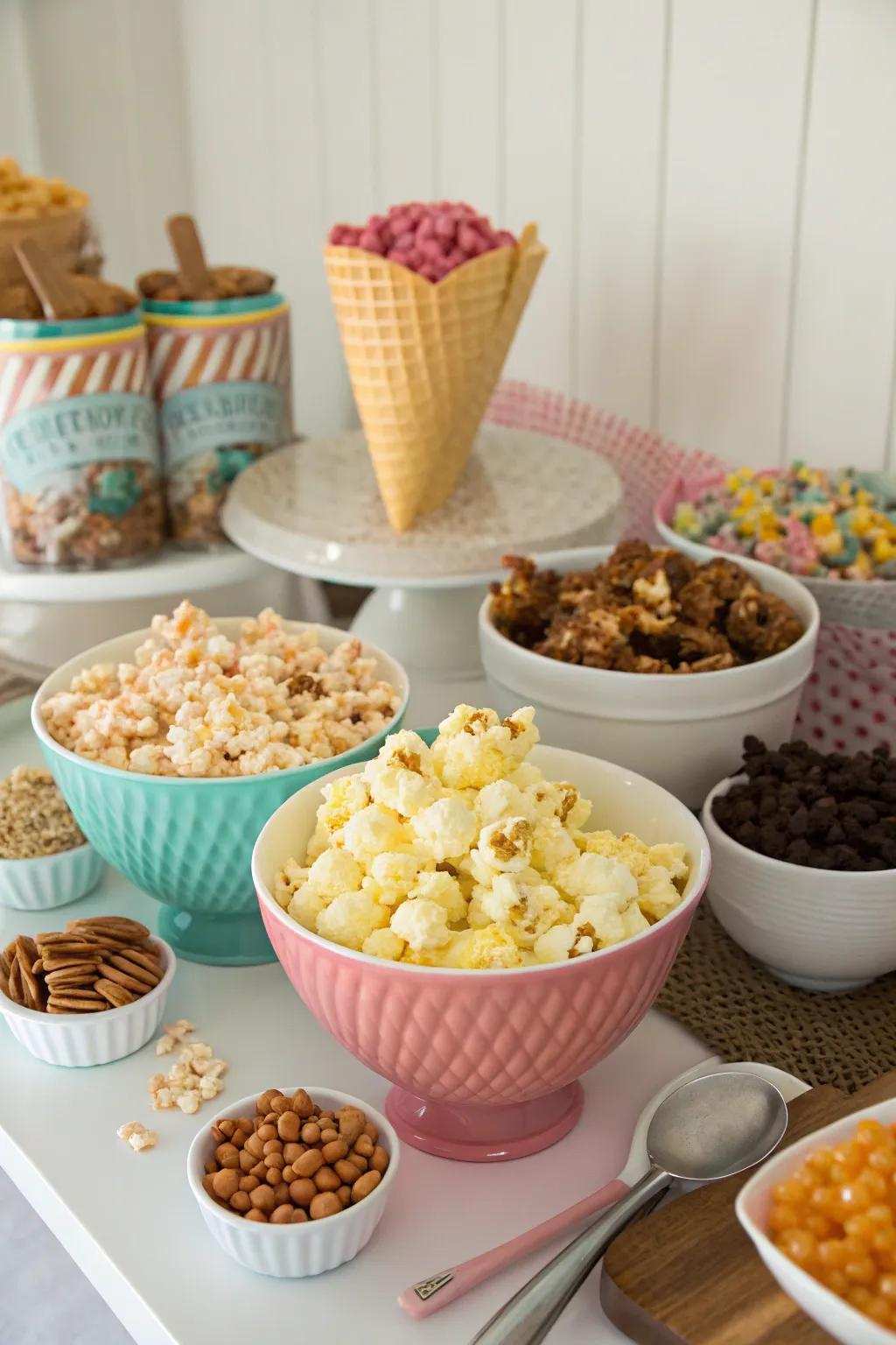 Popcorn bar with assorted flavors and toppings.