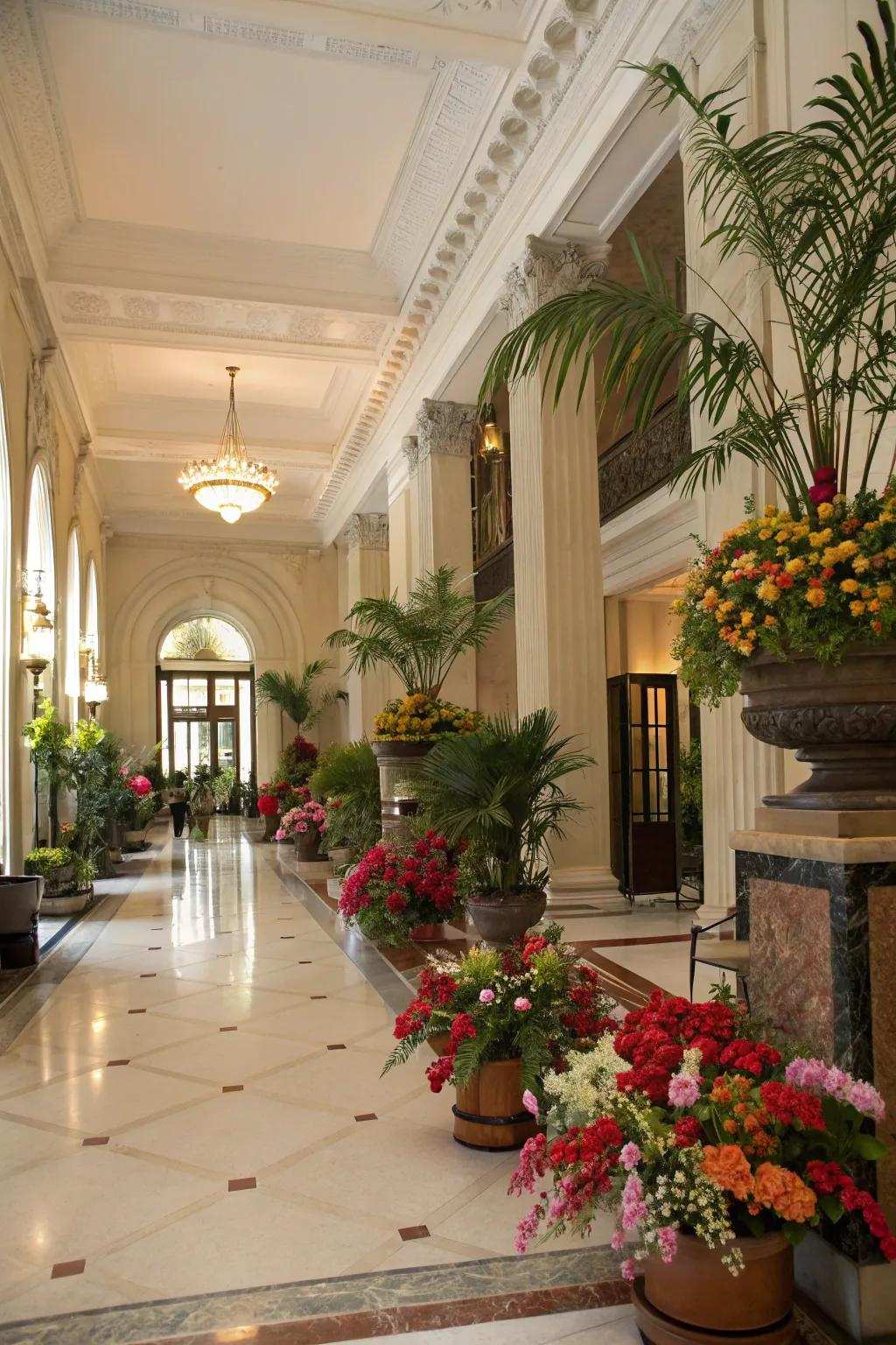 Potted vegetation and lush verdure bring vitality to a grand entryway.