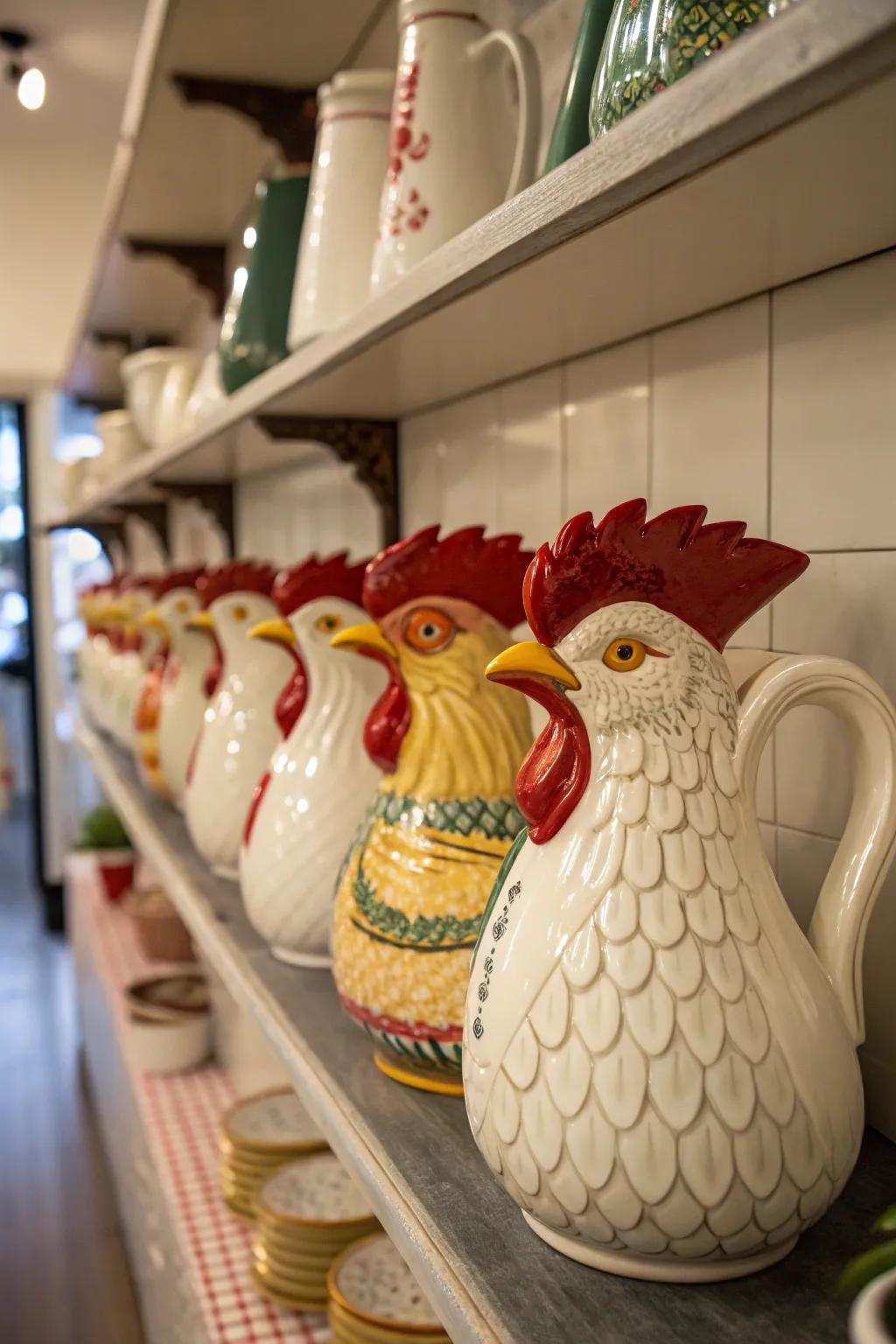 Pottery rooster pitchers are charming symbols of good luck in Italian decor.