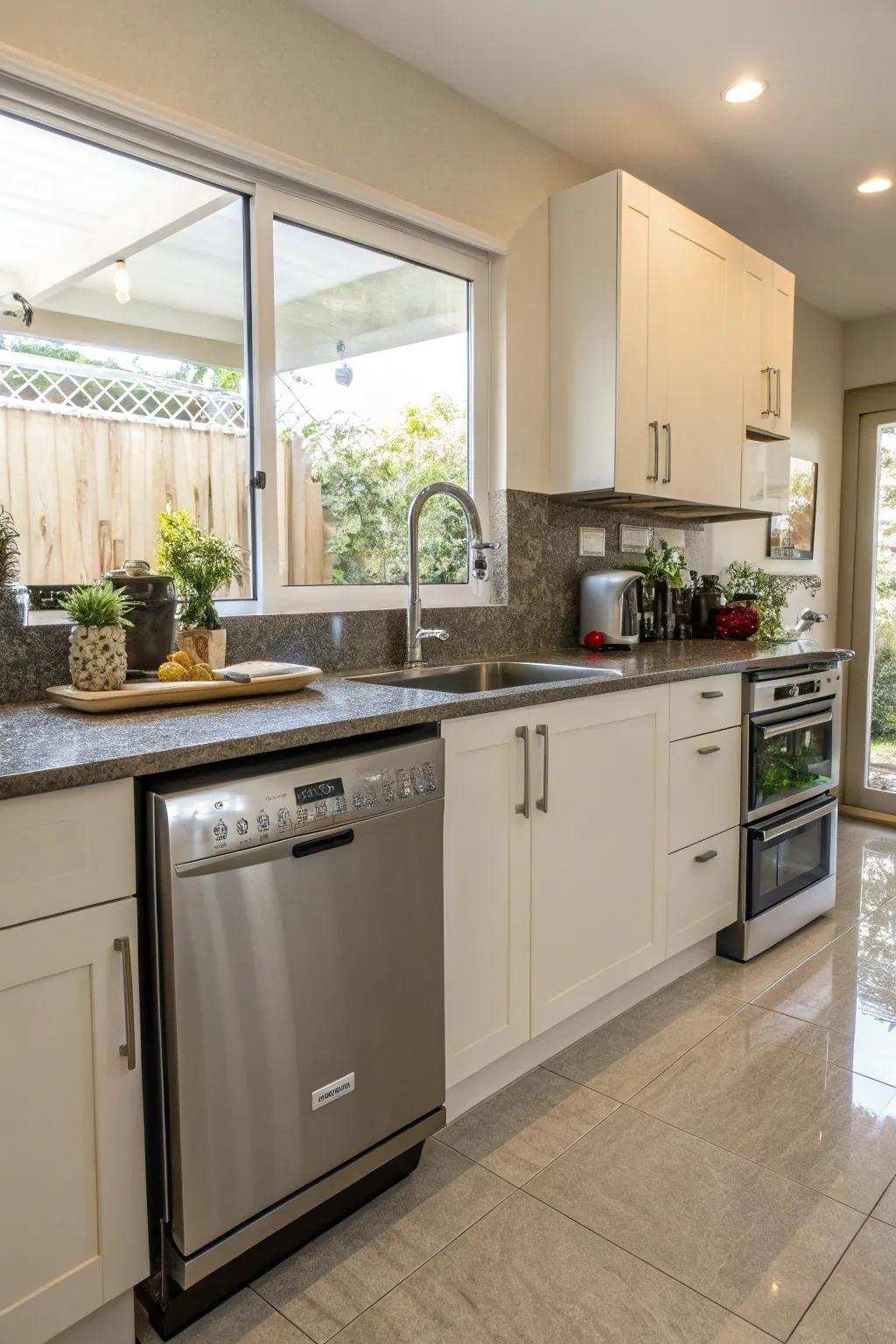 Practical dishwashing machine position along with the cooking area sink.
