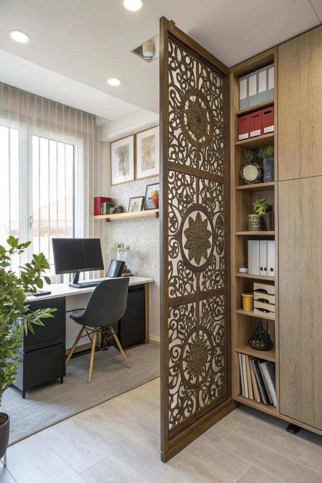 Precision-cut panels inject artistic charm into spatial partitions.