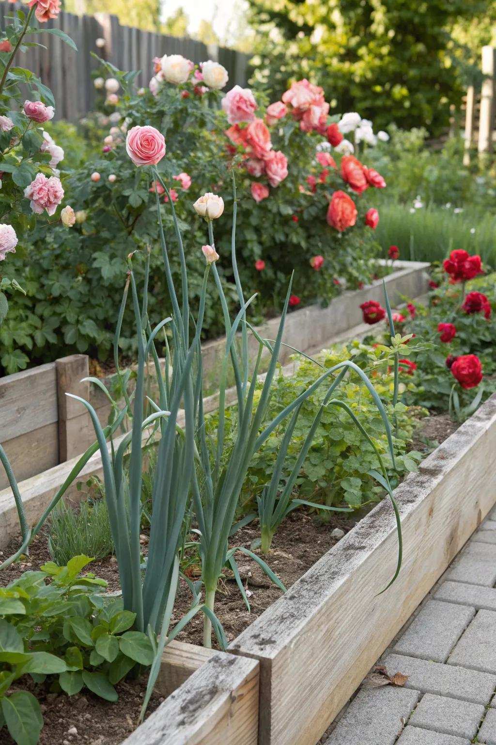 Pungent bulbs and blossoms, a startlingly efficient gardening duo.