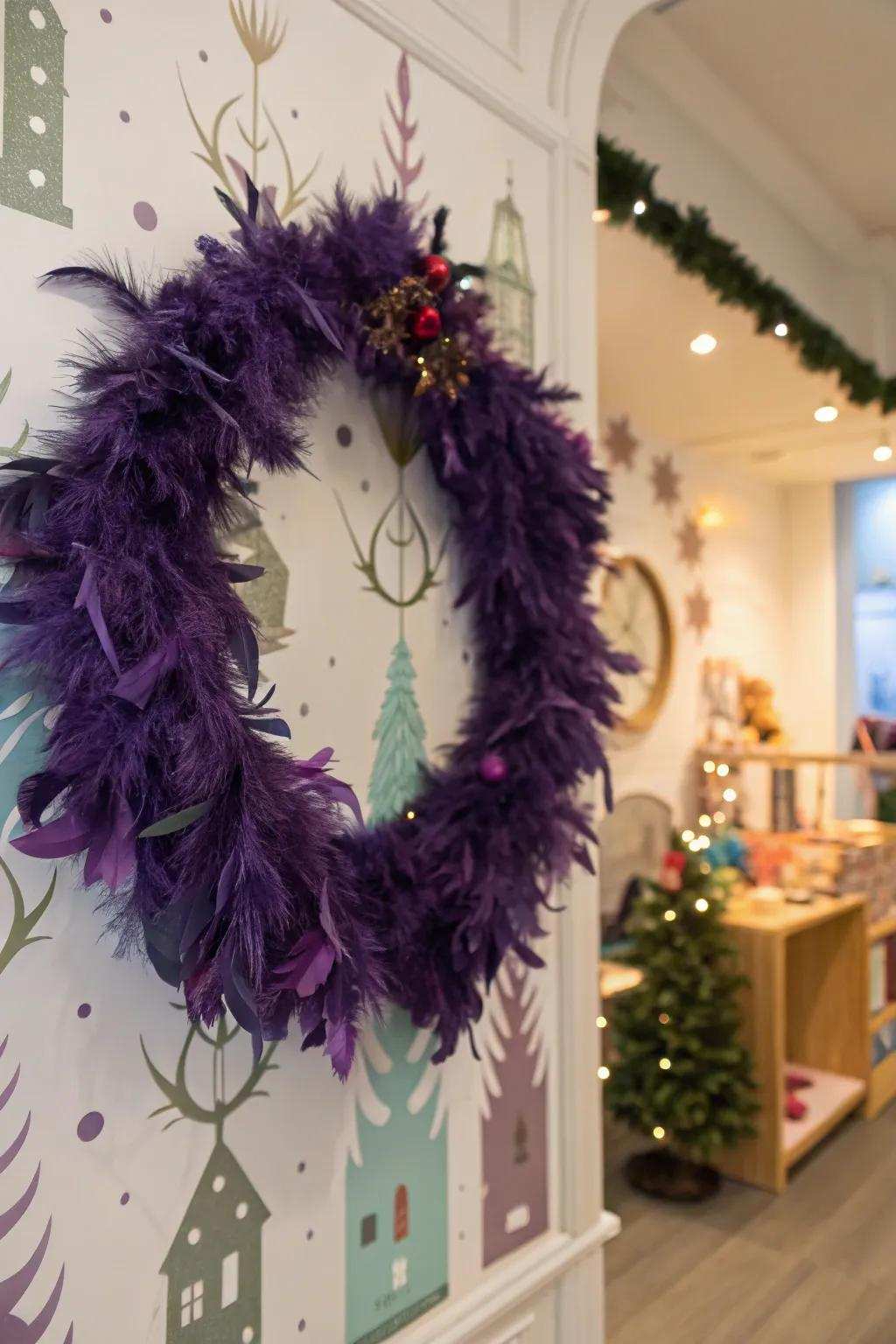 Purple feathers add a whimsical fantasy touch.