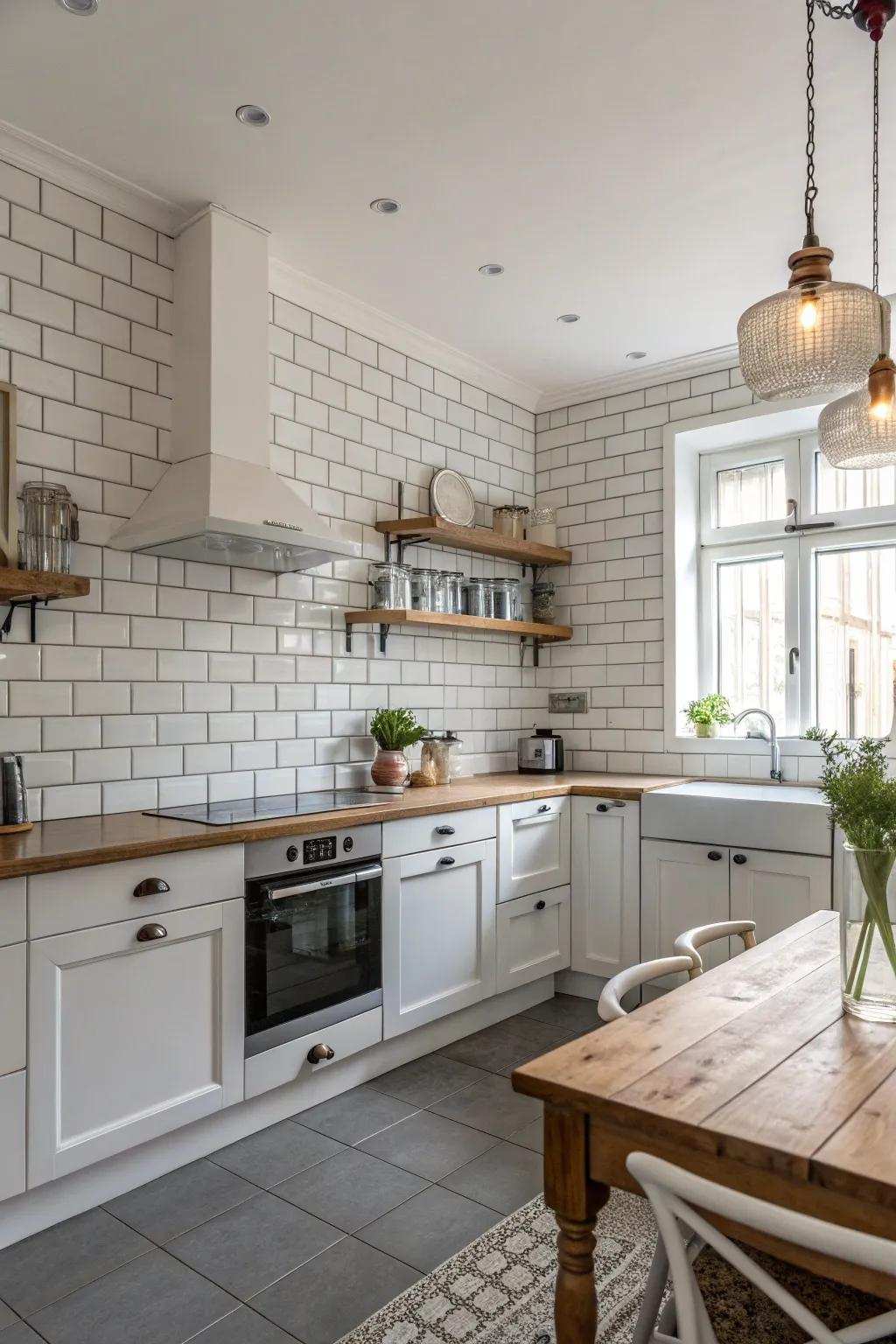 Quintessential ivory rectangular tiles bestow a timeless allure upon this kitchen.