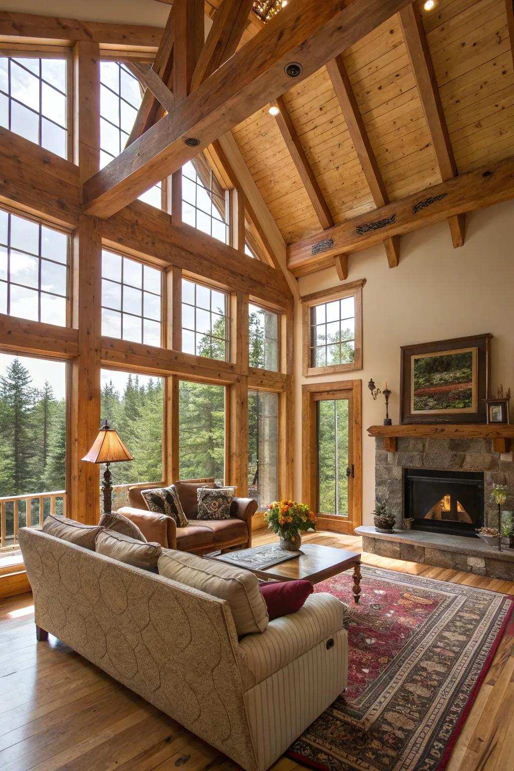 Radiant and airy family room featuring timber supports and expansive glazing.