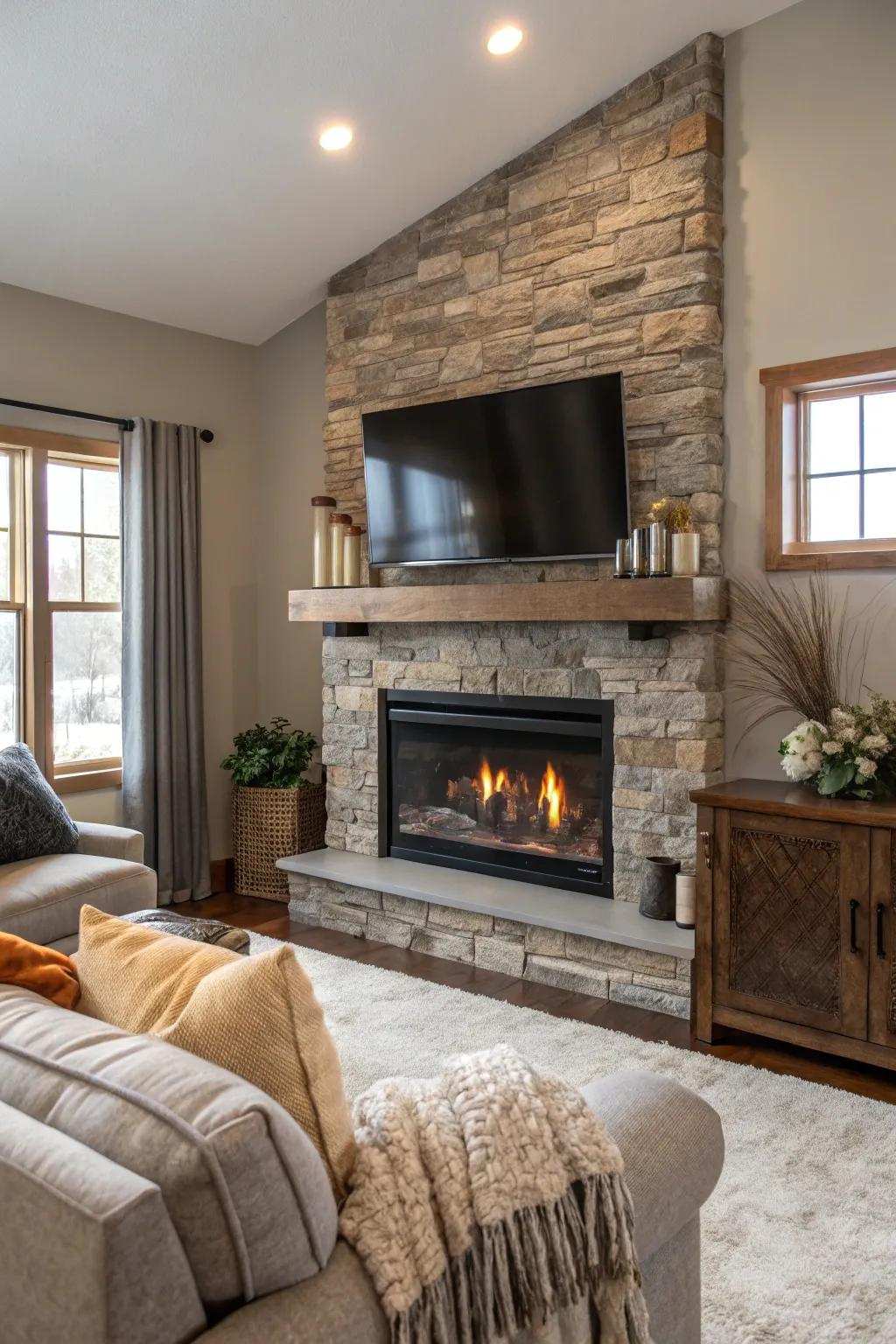 Realize a smooth, contemporary aesthetic using a levitating display above your elegant stone fireplace.