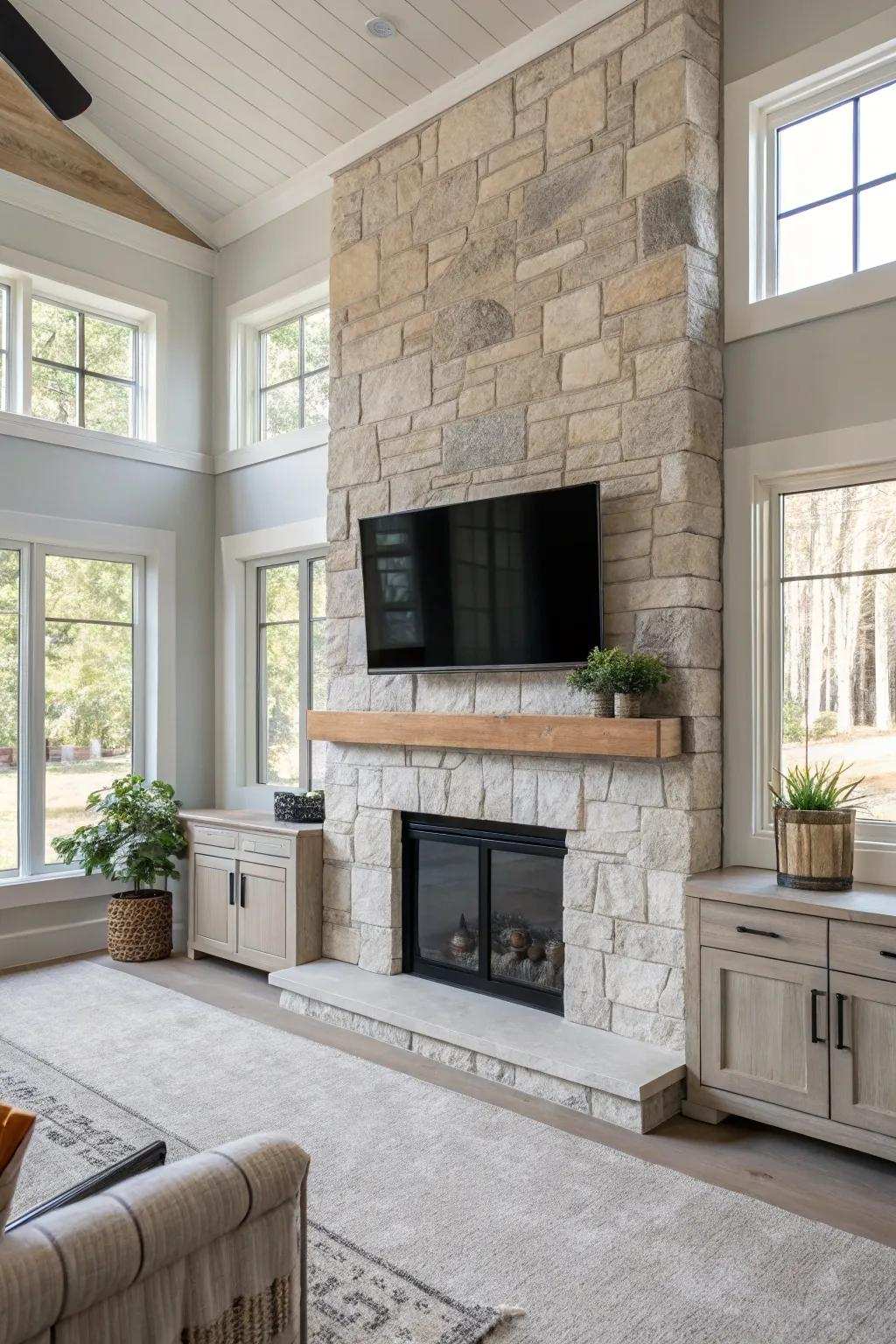 Realize a subtle style with a streamlined stone fireplace and borderless television arrangement.