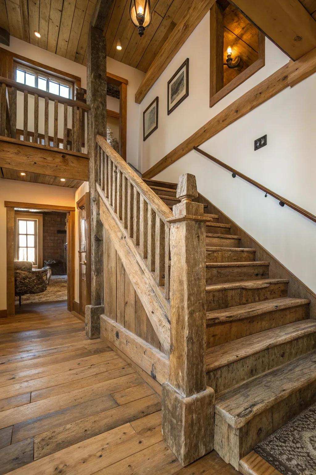 Reclaimed timber contributes antiquity plus uniqueness onto your staircase.