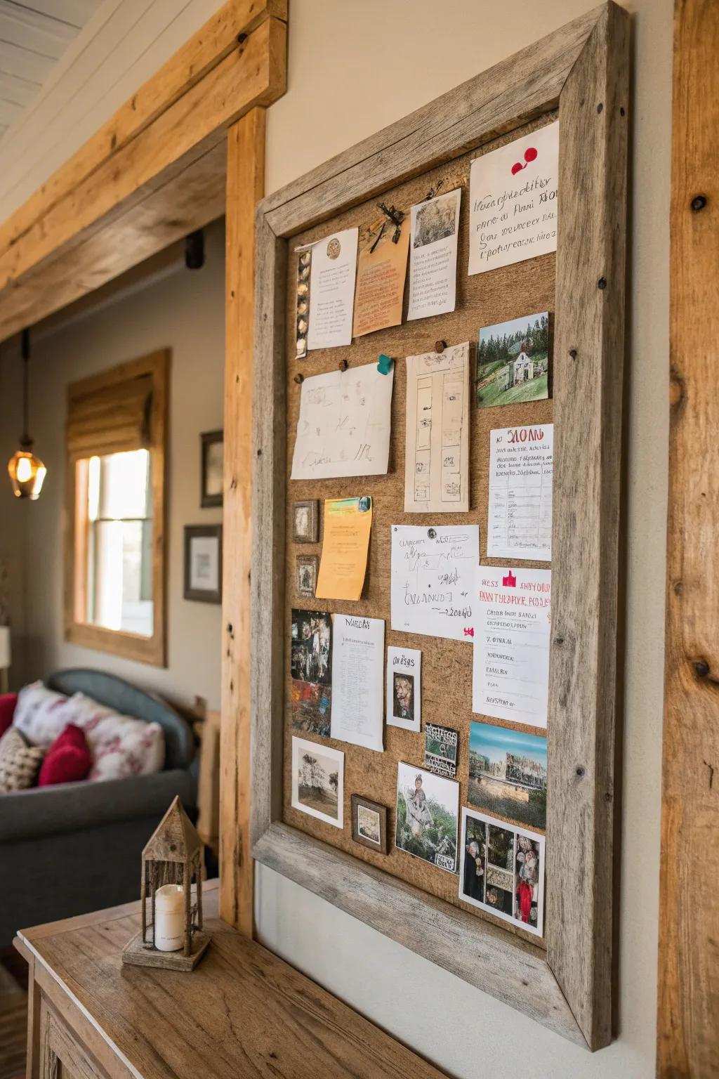 Reclaimed wood frames give bulletin boards a warm and rustic aesthetic.
