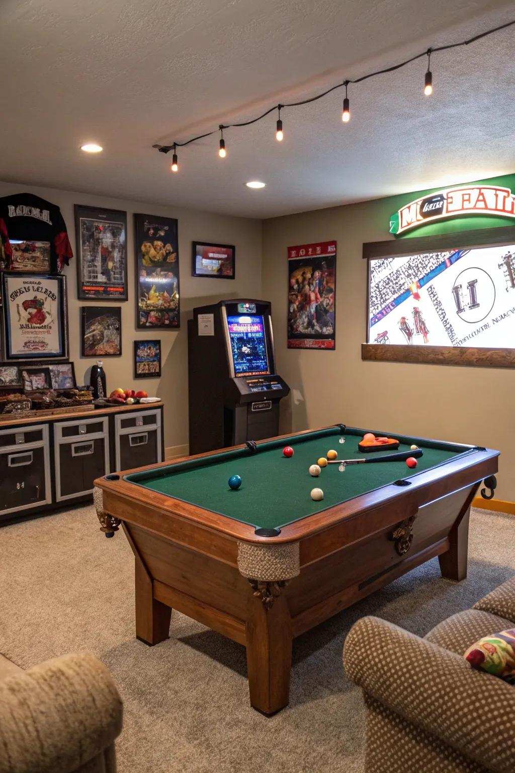 Recreation and entertainment make this man cave a fun place to be.
