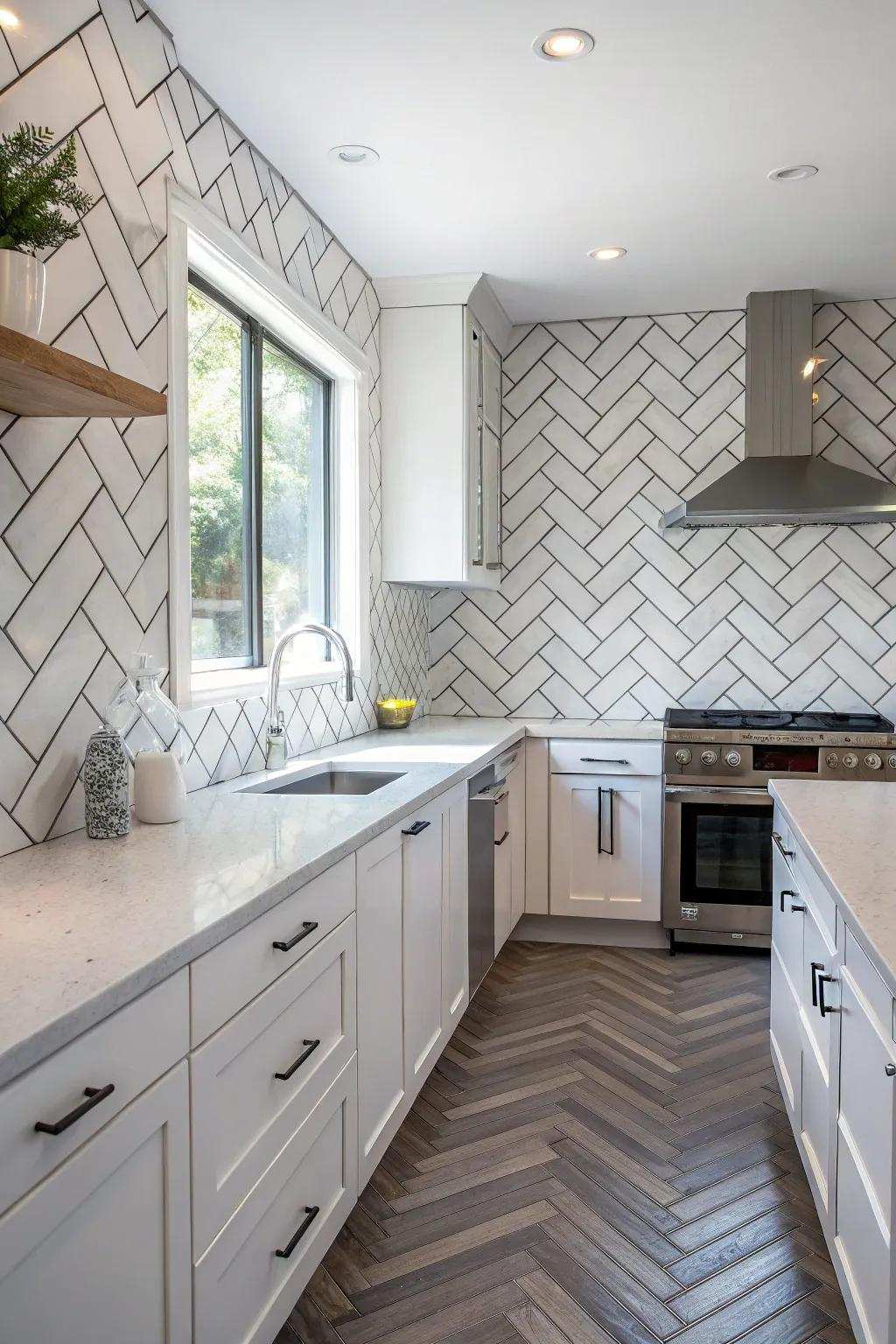 Rectangular tiles in a singular herringbone layout elevate this kitchen's appearance.