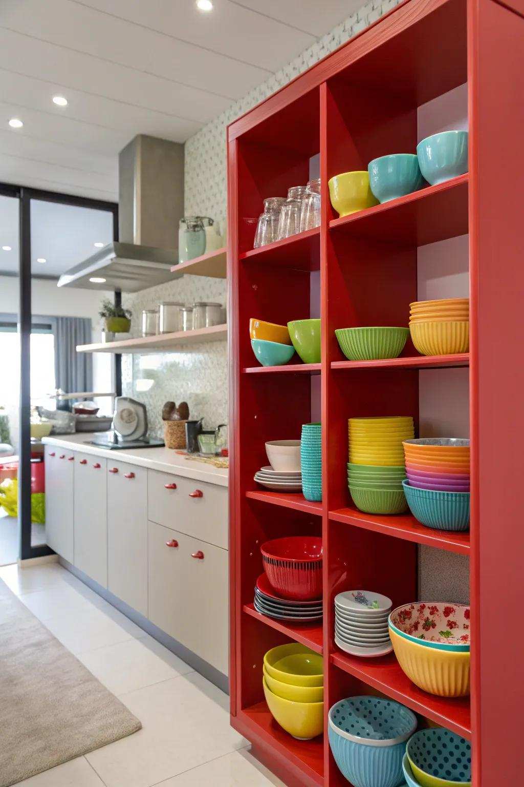 Red open shelves add both color and practical benefits.